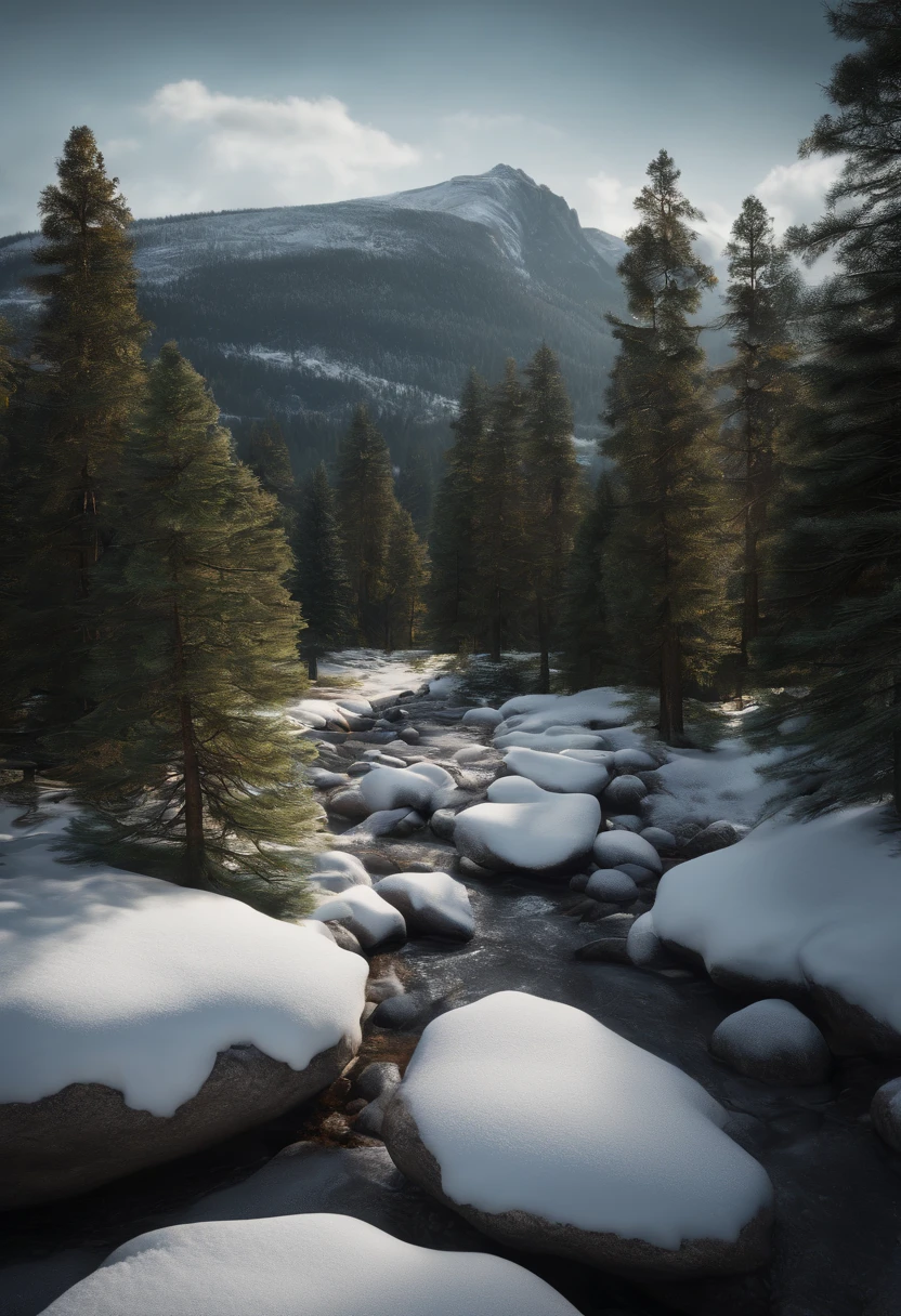 Valley view, ((Pine trees at the foot of the mountain)), ((Snow on the top of the mountain)), Cinematic, 8K, Detailed, Realistic, rendering by octane, (((Intricate details)), hdr, ((Intricate details, ultra - detailed)), Photorealistic, Ultra photo realsisim, Realistic shadows, Realistic lighting