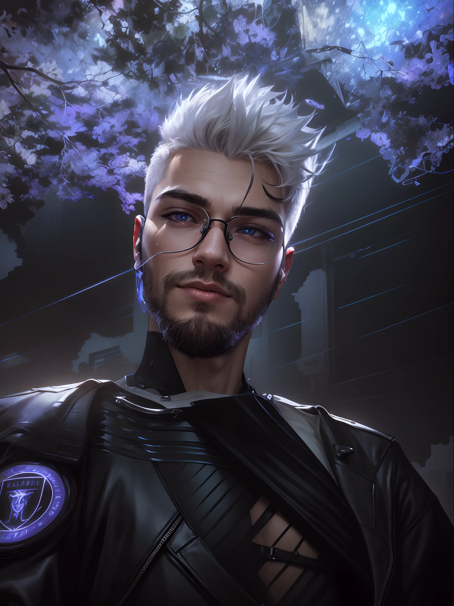 Realistic portrait, perfect coloring, vivid and real colors, a robust 21-year-old man with short white hair, wearing round cyberpunk style glasses and wearing black leather jacket with silver details, futuristic and gorgeous style, perfect