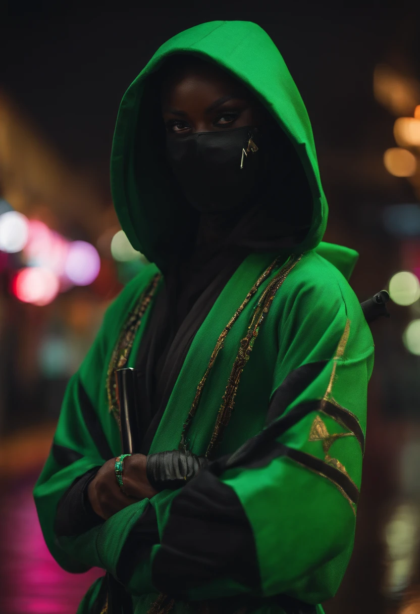 African personagen in black and green kimono mask and hoodie with a cyberpunk style katana at the waist, letra M neon