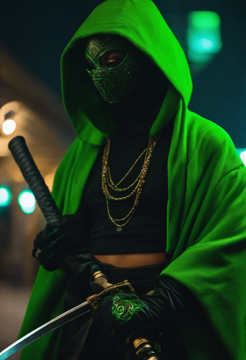 African personagen in black and green kimono mask and hoodie with a cyberpunk style katana at the waist, letra M neon