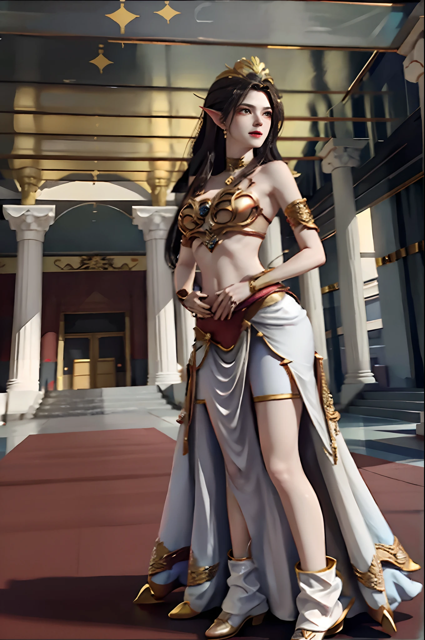 tmasterpiece， best qualtiy，Beautiful and elegant elf queen poses in golden and red room，Her breasts and buttocks were large，Slender waist has smooth lines，Very nice brunette hair, lightsmile, ear blush, diadems, Drill Hair, surrealism, Shadowing, anaglyph, stereograms, Tachi-e, angle of view, Atmospheric perspective, From below, F/4.0, NIKON, Sony FE GM, 8K, Super Detail, ccurate, Best Quality, masutepiece, UHD beautiful with crown，Colossal tits，chest is wider than shoulders，perfect body type，Shoulder-to-shoulder crotch，Exquisite hands，Fleshy thighs，bare-legged，Walk the red carpet of the temple，Classical temples