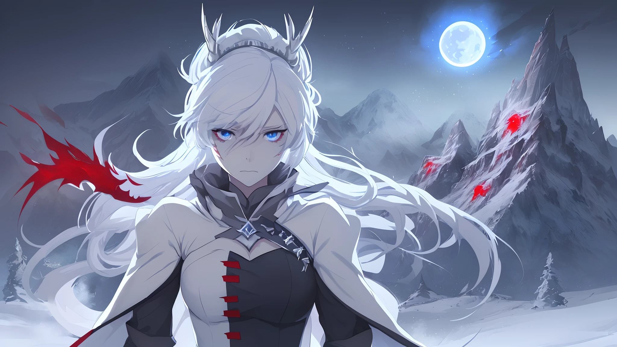 Weiss Schnee, RWBY, dull blue eyes, apathetic face, white hair, long hair, looking at viewer, looking over the shoulder, scar over left eye, blood moon, red glow on snow, snow, mountains