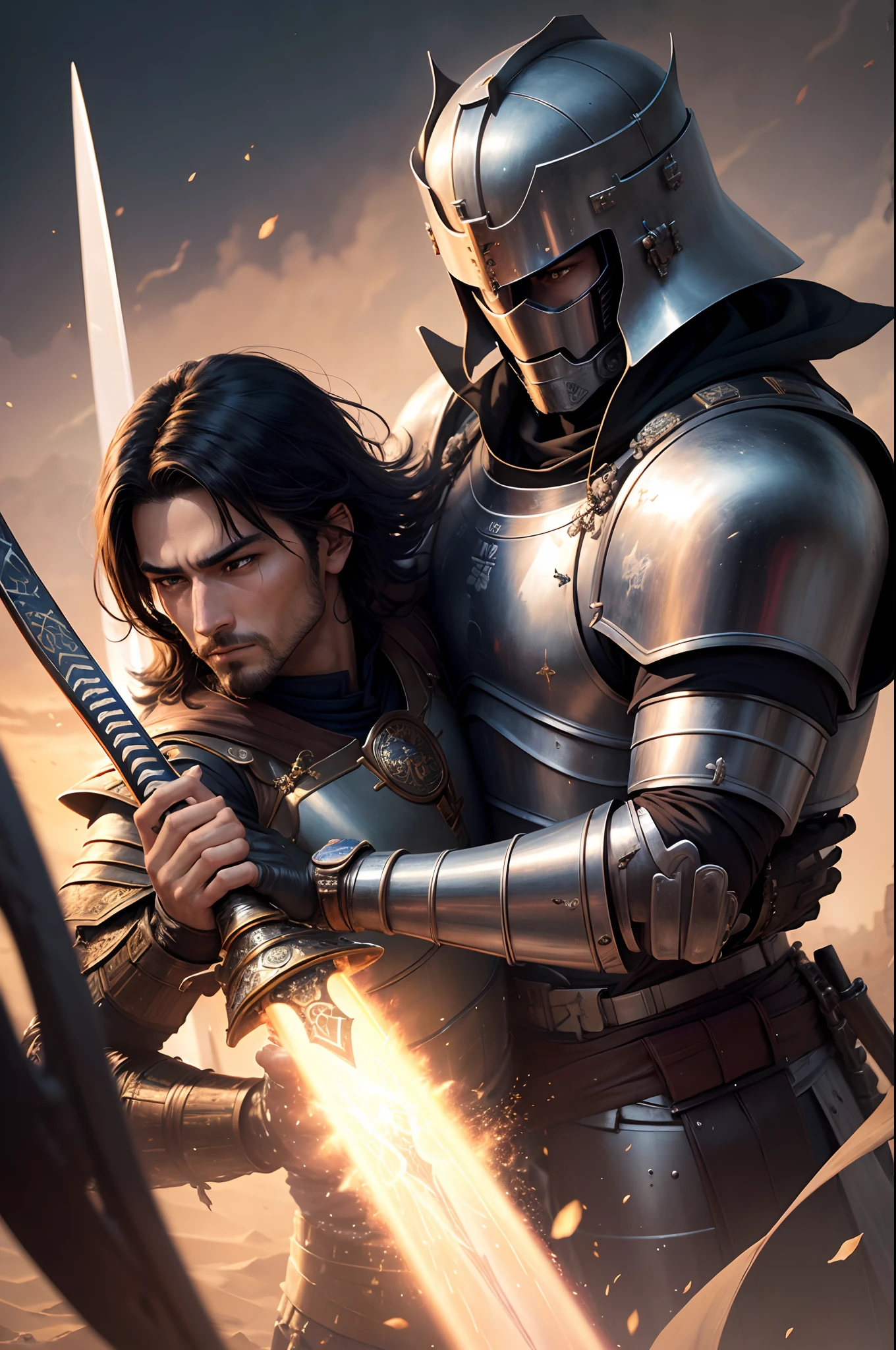 (Sci-fi fantasy), (Masterpiece), (professional oil painting) (best quality), (8k resolution), two men,, the first is Arabic knight, the second is Japanese Samurai, theSamurai, Arabian knight, Arabic knight vs  Samurai, Arabic knight uniform, Samurai uniform, Arabic sword, Samurai sword, Arabic Sword vs Samurai Sword