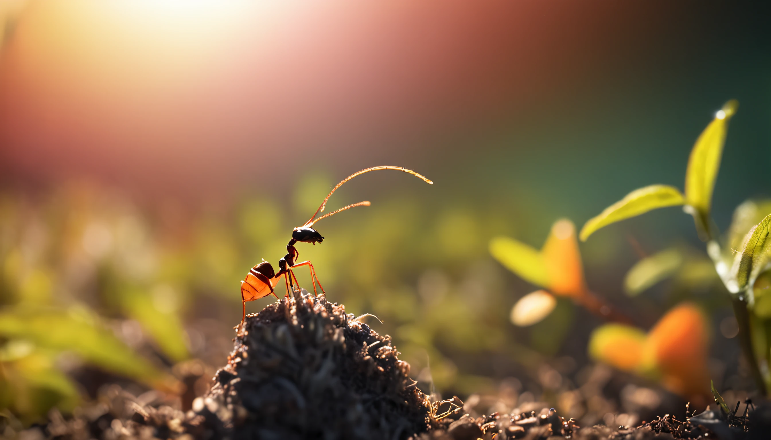 a small ant, standing on top of a green grass, an ant has its arms up holding a small tree branch, its silhouette framed by a vibrant orange sun. 4k, cinematic