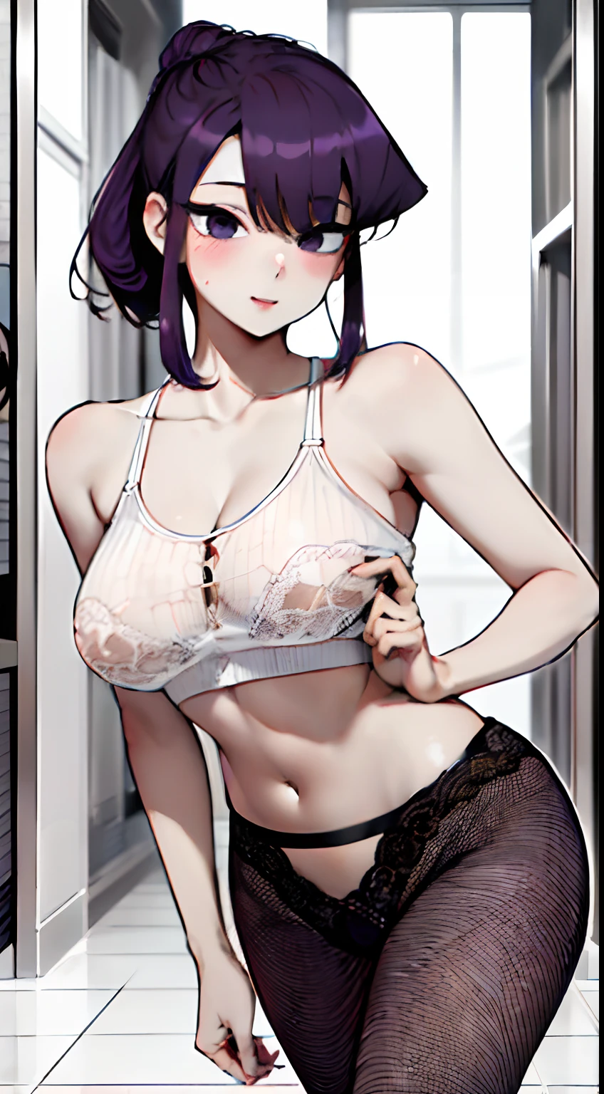 Komi shoko, 1girl, solamente, Looking_en_espectador, sonrojarse, (High detail), ((Lineart limpio)), ((Relajado)), lleno_cuerpo, Calidad superior, purple hair, Cabello largo, ((((Ropa interior sexy)))), ((muslos gruesos)), , tetas grandes, En pie