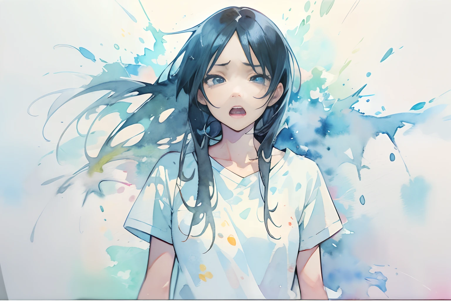 ((masutepiece)), (Professional Photography:1.2), (High Definition:1.3), Best Quality, (watercolor painting:1.3), from side, wide shot, (pale blue fine ink splashing), ((face in profile)), black long silky hair, teenage japanese cute girl, very sad face, open mouth, white T-Shirts, (simple white background:1.10)