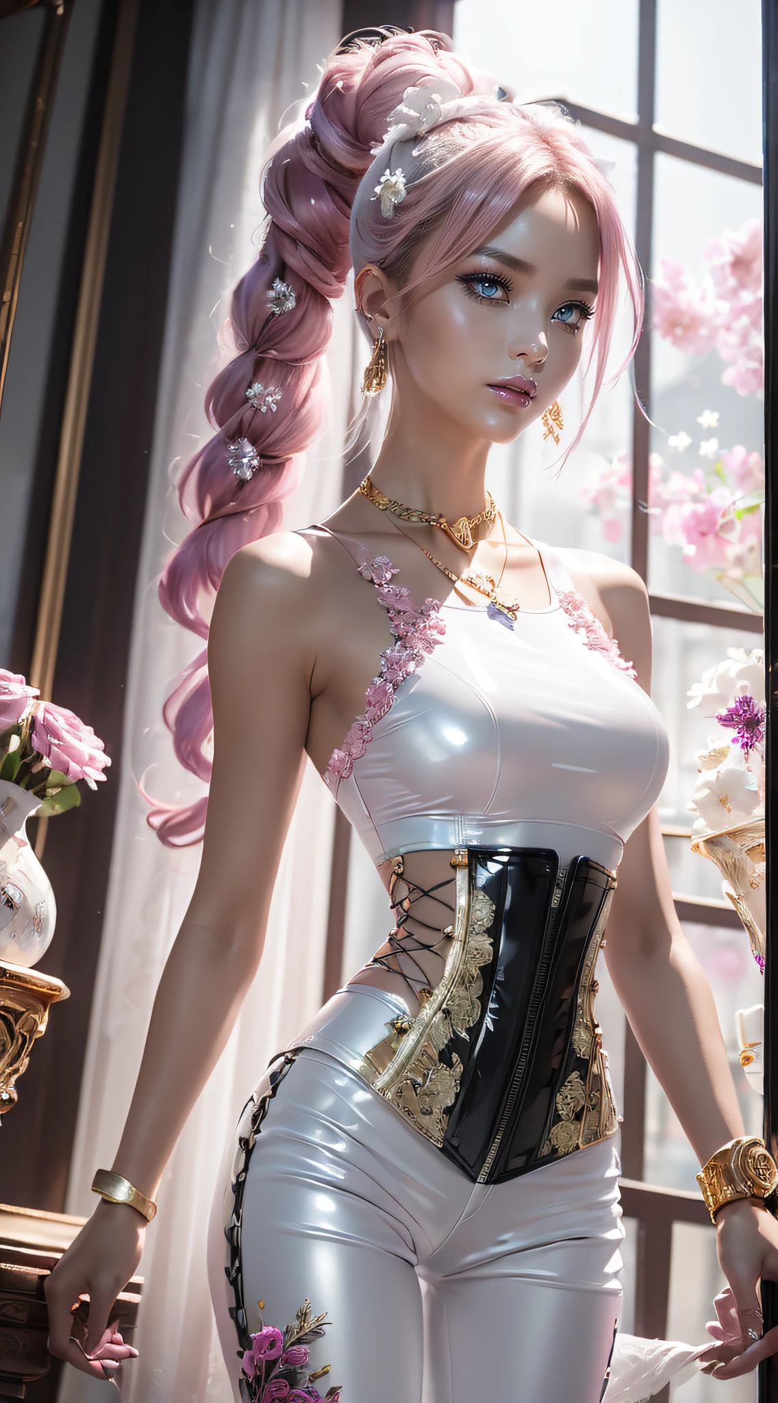 8k Ultra HD, image 9:17, 8k, masterpiece, RAW photo, best quality, detail: 1.3), photorealistic, incredibly detailed CG Unity 8k wallpaper, depth of field, cinema light, lens flare, ray tracing, [[[sharp focus: 1.2]]], (extremely beautiful face, beautiful lips, beautiful eyes), ((pink makeup, pink lipstick, eyeliner, cheveux noirs moelleux, Hair illumination, voluminous lighting, expressive eyes)), face with intricate details, ((very detailed skin)), 1 girl, in the dark, deep shadow, pretty girl, (medium bust:1.8), ((narrow waist, slanderous legs)), (small ass), perky, (oli face: 1.3), (very slim slender fit-muscled body:1.3), ((looks at viewer)), (big smile), (lace-up dress), (sleeve), (city night, (neon), (night), tights, clean eyes, Dark makeup, walking, face forward, (cowboy shot)), ((magenta lace-up corset)), ((white color dress)), (((( (magenta: lace-up), (((white: latex pants)))))), long legs, ((Long Messy pink Pony with Braid, (((flowers in hair))))), 3D, rich colors, (Intricately detailed multi-layer lace corset), ((earrings, ((diamonds)), necklace, (gold), bracelets, valuables)