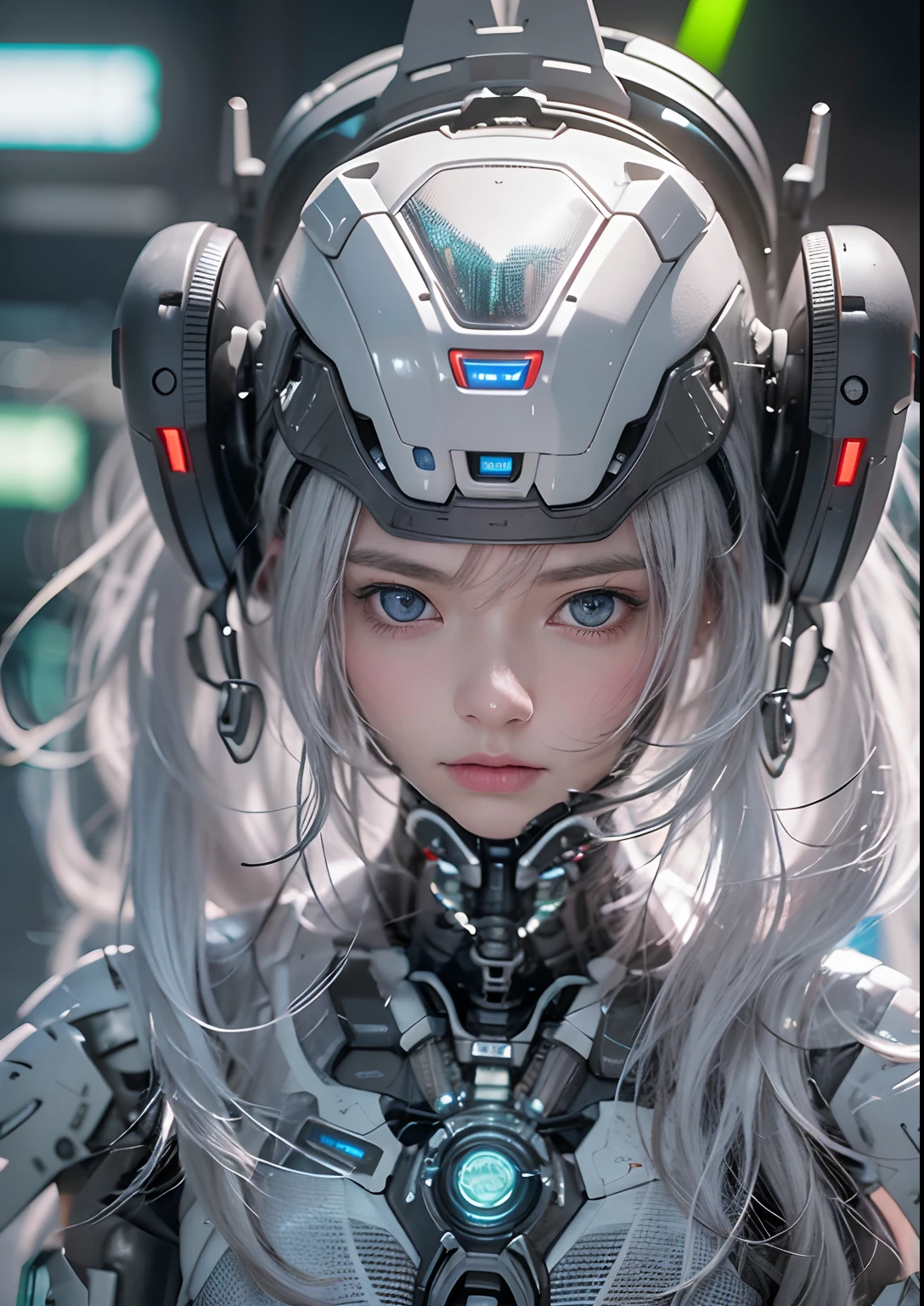 Top quality、masterpiece、High resolution、(Photorealism:1.4)、RAW photo、full-length semi-mechanical girl、White body、long gray hair、1 cyborg girl、((Super realistic details))、Portlate、Global illumination、shadow、 Octane rendering、8K、Ultra sharp、Intricate ornamental details、realistic light、blue eyes、facing the camera、Neon details、Futuristic headdress, stands facing the camera with his arms spread to the side, full height, full body, About Cyberpunk