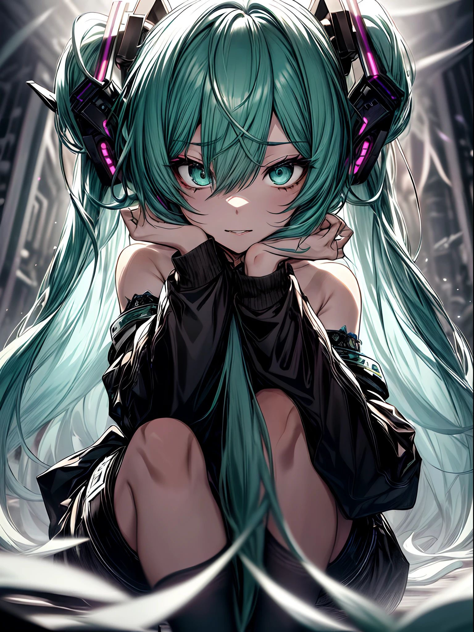 holding the mic、long、miku hatsune、Green hair、Twin-tailed、Ahegao ( Silly / Sexual ecstasy)、Cross-eyed、Stranger、View other people、Blunt bangs、Sitting,hand between legs,  over-kneehighs,Ahegao , Silly,Sexual ecstasy,Drunken eyes,Blunt bangs, Green hair,(masutepiece:1.2, Best Quality), (finely detailed beautiful eye: 1.2), (Detailed background,Dark Fantasy), (beautifull detailed face), High contrast, (Best Illumination, extremely delicate and beautiful), ((Cinematic Light)), Colorful, Hyper Detail, Dramatic light, Intricate details,
