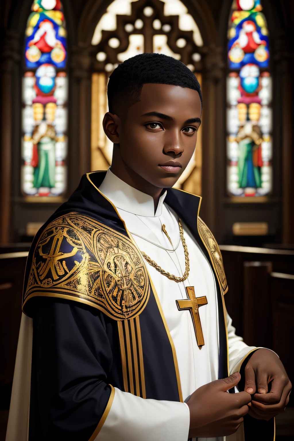 young priest, wearing liturgical vestment, respected, humble young man, portrait, christian with church background, realistic and photographic, dark skin, decent haircut