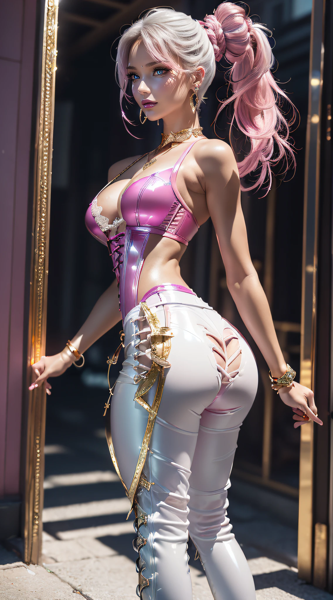 8k Ultra HD, image 9:17, 8k, masterpiece, RAW photo, best quality, detail: 1.3), photorealistic, incredibly detailed CG Unity 8k wallpaper, depth of field, cinema light, lens flare, ray tracing, [[[sharp focus: 1.2]]], (extremely beautiful face, beautiful lips, beautiful eyes), ((pink makeup, pink lipstick, eyeliner, cheveux noirs moelleux, Hair illumination, voluminous lighting, expressive eyes)), face with intricate details, ((very detailed skin)), 1 girl, in the dark, deep shadow, pretty girl, (medium bust:1.8), ((narrow waist, slanderous legs)), (small ass), perky, (oli face: 1.3), (very slim slender fit-muscled body:1.3), ((looks at viewer)), (big smile), (lace-up dress), (sleeve), (city night, (neon), (night), tights, clean eyes, Dark makeup, walking, face forward, (cowboy shot)), ((magenta lace-up corset)), ((white color dress)), (((( (magenta: lace-up), (((white: latex pants)))))), long legs, ((Long Messy pink Pony with Braid)), 3D, rich colors, turning back, back shot, (Intricately detailed multi-layer lace corset), ((earrings, diamonds, necklace, ((gold)), bracelets, valuables)