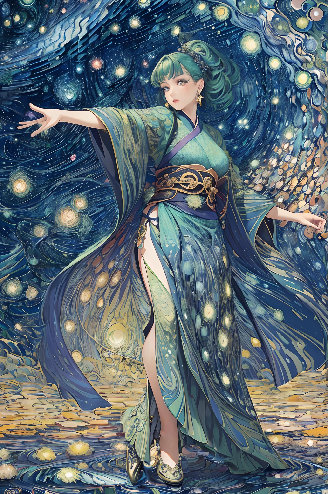 (masterpiece, top quality, best quality, official art, beautiful and aesthetic:1.2), (1beautiful dancing woman :1.3), extremely detailed,(fractal art:1.1),(colorful:1.1),highest detailed,(zentangle:1.2), (dynamic pose), ( Starry Night background:1.5), (green hanfu dress:1.2), (shiny skin), (many colors:1.4), ,(earrings:1.4),