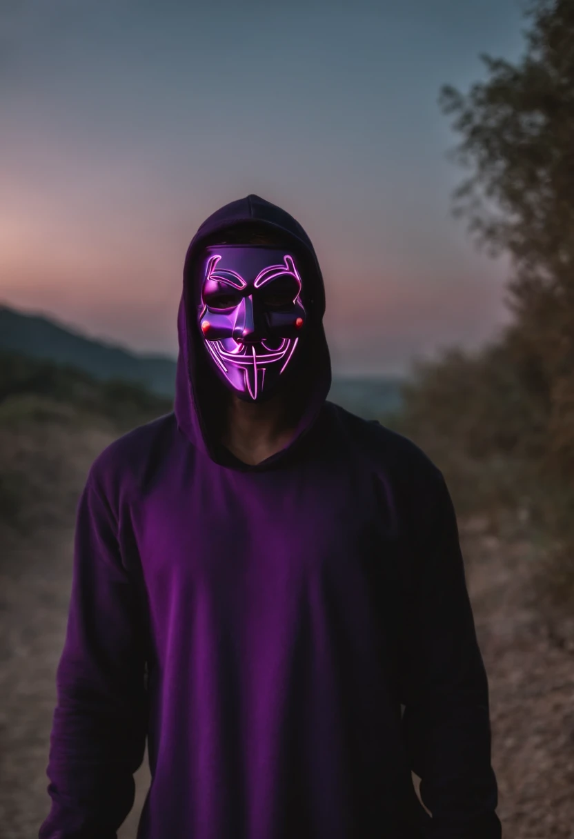 hacker vestindo um terno roxo com um sobretudo preto por cima, with a neon halloween mask with the Greek letter M on his forehead