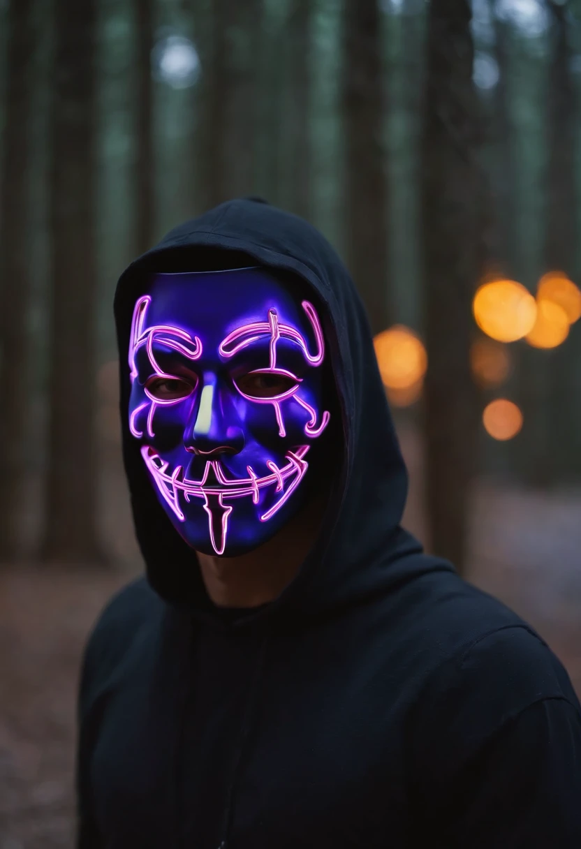 hacker vestindo um terno roxo com um sobretudo preto por cima, with a neon halloween mask with the Greek letter M on his forehead