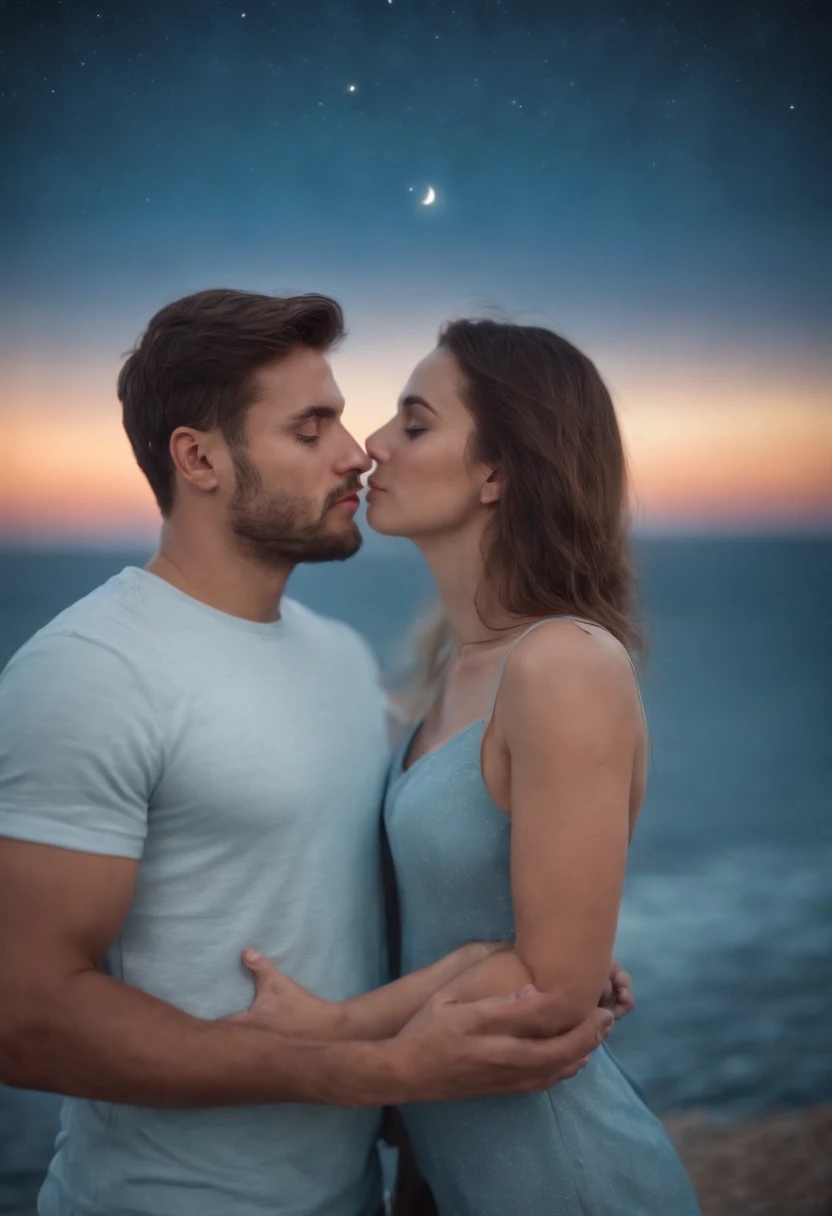 prompt: шедевр, Maximum quality, Ultra Detailing, starry night sky, nuage, Cinematic light and shadow effects, Couleurs vives, Passionate kiss, Nuit de pleine lune, T-shirt bleu, cadre large