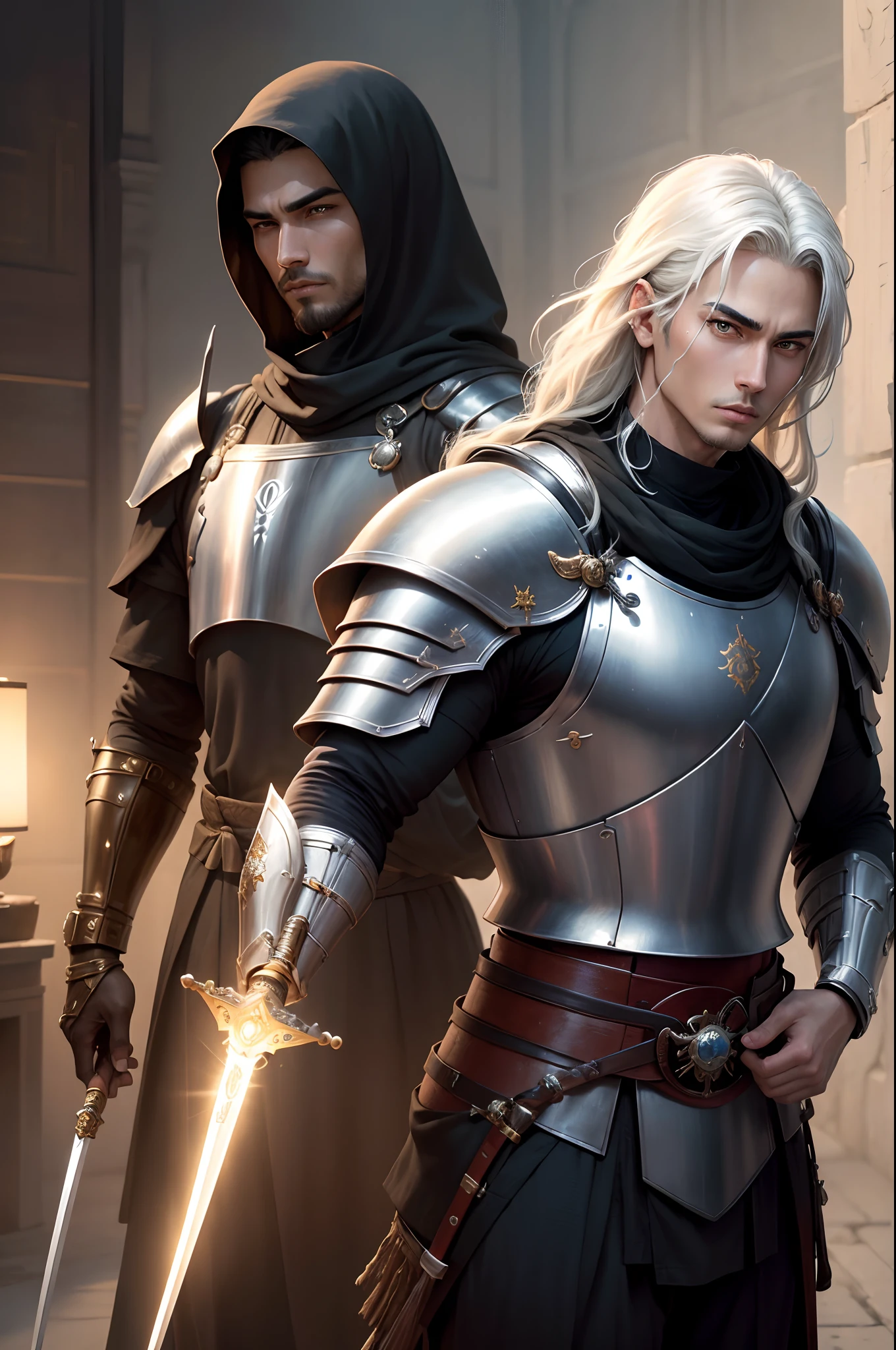 (Sci-fi fantasy), (Masterpiece), (professional oil painting) (best quality), (8k resolution), two men,, the first is Arabic knight, the second is Japanese Samurai, theSamurai, Arabian knight, Arabic knight vs Samurai, Arabic knight uniform, Samurai uniform, Arabic sword, Samurai sword, Arabic Sword vs Samurai Sword, focusing on sword, forcus on Arabic knight and Samurai