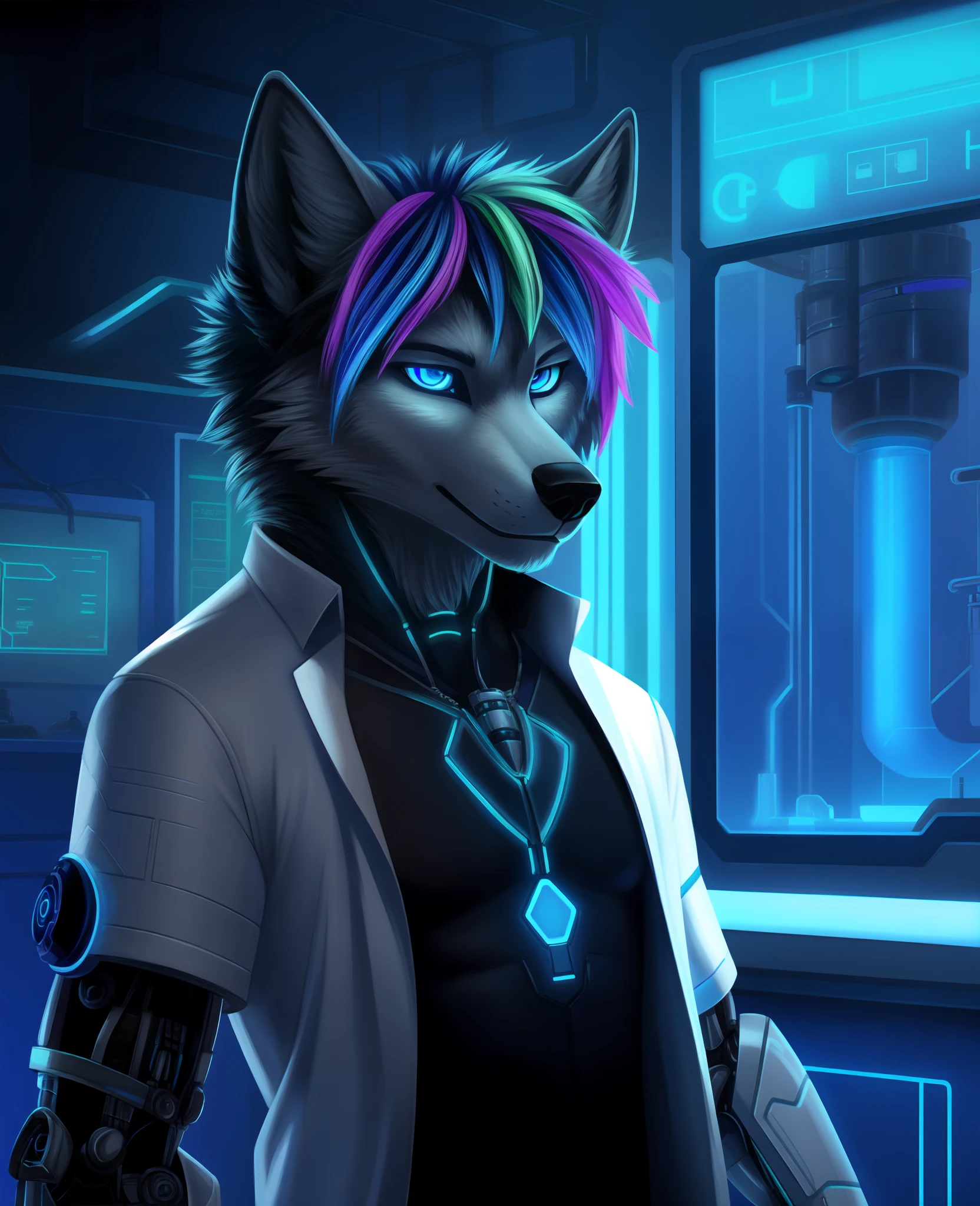 cyberpunk, portrait, cybernetic wolf, neon hair, (blue neon eyes:1.1), cybernetic limb, cybernetic arm, waring lab coat, lab room, [painting:photorealistic:0.4]