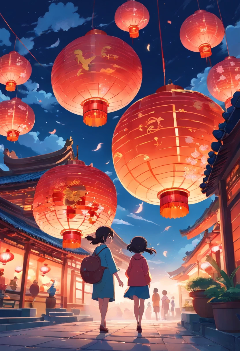 Mid-Autumn Festival，Moon cake， Auspicious clouds, Red lanterns, Exquisite ancient Chinese architecture, In the background is a huge moon, With vector line illustration, amarelo、Red and dark blue tones, Abstract picture, surrealism, Clear background trends, clear contour light, Edge light, fantasy, Dappled light, Flat illustration,Disney style, 8K, --AR 9:16 --q 2 --niji 5