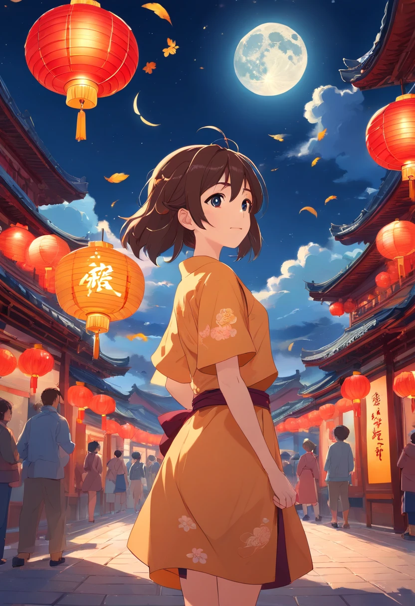 Mid-Autumn Festival，Moon cake， Auspicious clouds, Red lanterns, Exquisite ancient Chinese architecture, In the background is a huge moon, With vector line illustration, amarelo、Red and dark blue tones, Abstract picture, surrealism, Clear background trends, clear contour light, Edge light, fantasy, Dappled light, Flat illustration,Disney style, 8K, --AR 9:16 --q 2 --niji 5