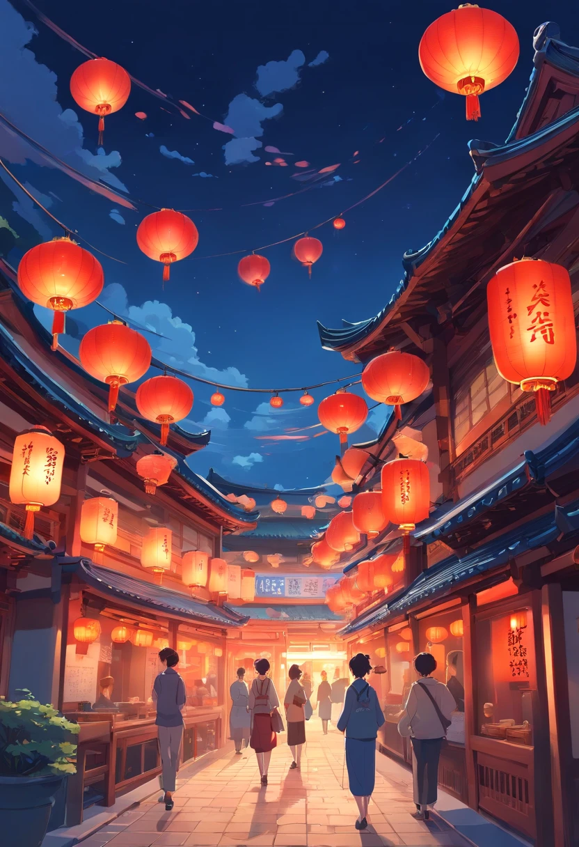 Mid-Autumn Festival,Moon cake, Auspicious clouds, Red lanterns, Exquisite ancient Chinese architecture, In the background is a huge moon, With vector line illustration, amarelo、Red and dark blue tones, Abstract picture, surrealism, Clear background trends, clear contour light, Edge light, fantasy, Dappled light, Flat illustration,Disney style, 8K, --AR 9:16 --q 2 --niji 5