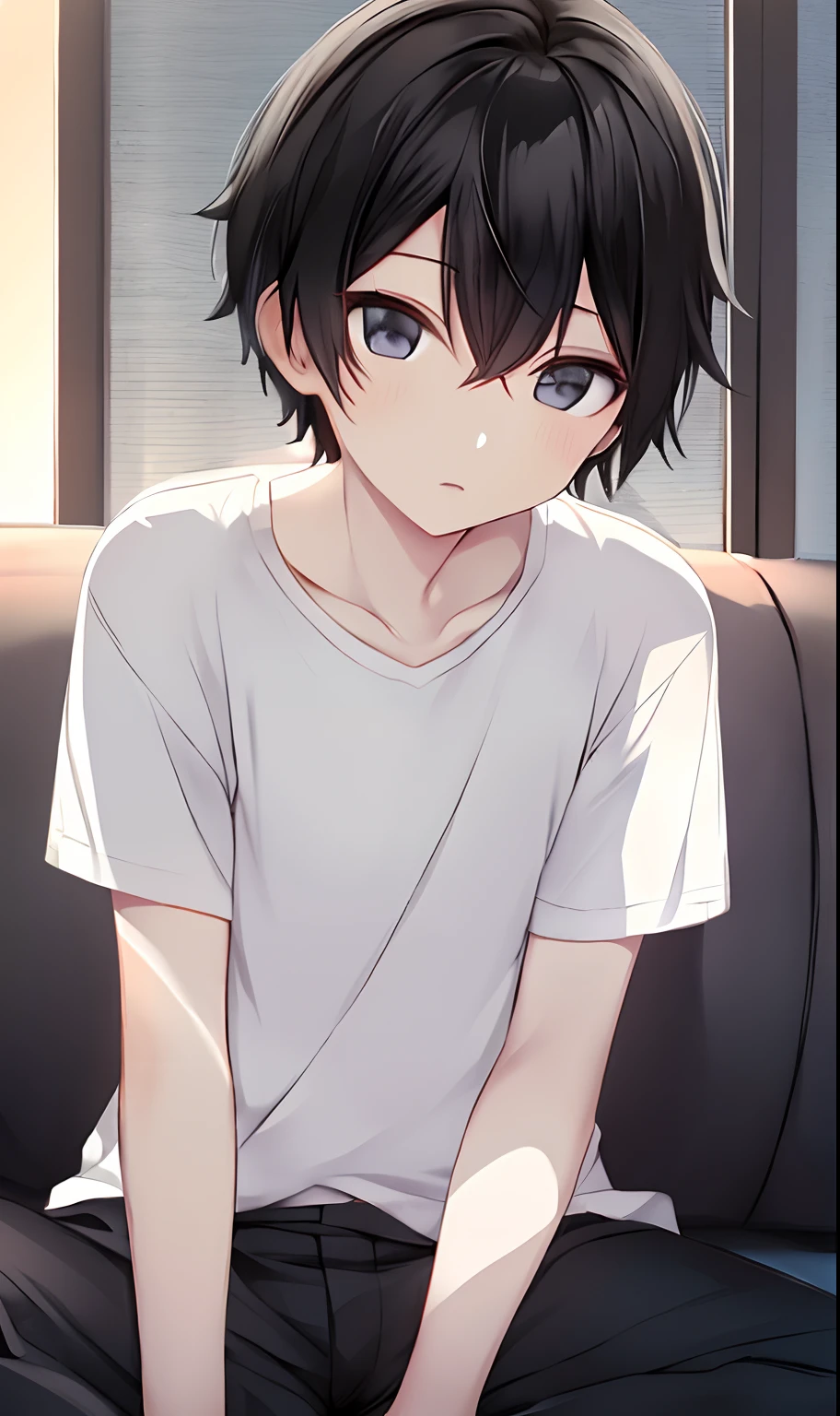 black hair, boy, , sitting on couch, short hair, white shirt