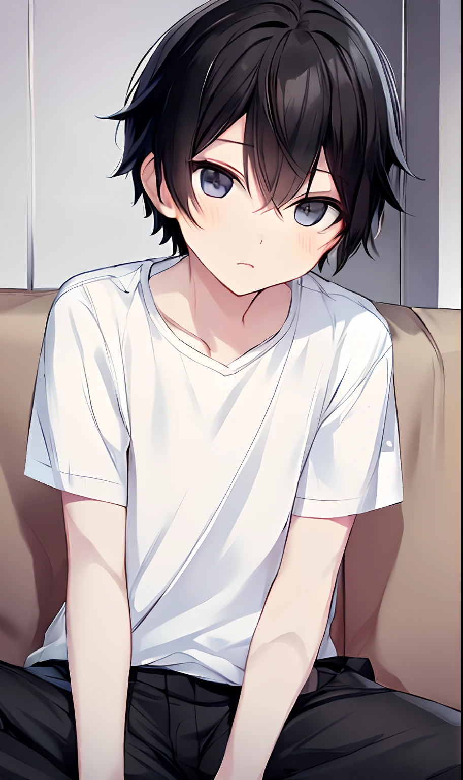 black hair, boy, , sitting on couch, short hair, white shirt