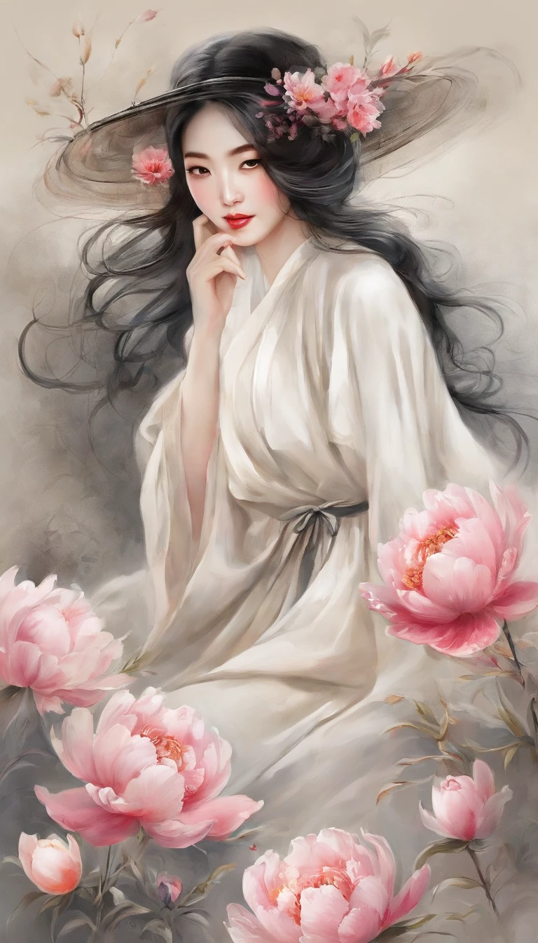 Yun wants to wear clothes and flowers to look good，The spring breeze blows Revlon。if it were not for the jade mountain, I'll see you，Will meet Yaotai moon。A beautiful concubine in ancient China, Yang Yuhuan，Yang，elegant，A shallow shy smile,（Black colored eyes），holding peony flower，（Very detailed and perfect facial depiction）,(Black coiled hair）,（Half-body appearance），Silk fabric, (Long sleeves floating), It's dancing,Happiness is light,White kitten， (There is a bright full moon in the distant sky:1.2),（surrounded by flower:1.2), vivd colour, （Autumn tones:1.2)，（Moonlit night visuals），（light and shadow effect）,（vivd colour）,（Color splattering）,（Obvious layers）,（Ink painting style:1.2）,（Photography Award）,（8k wallpaper）,（Masterpiece）,（best qualtiy）,A picture,realisticlying