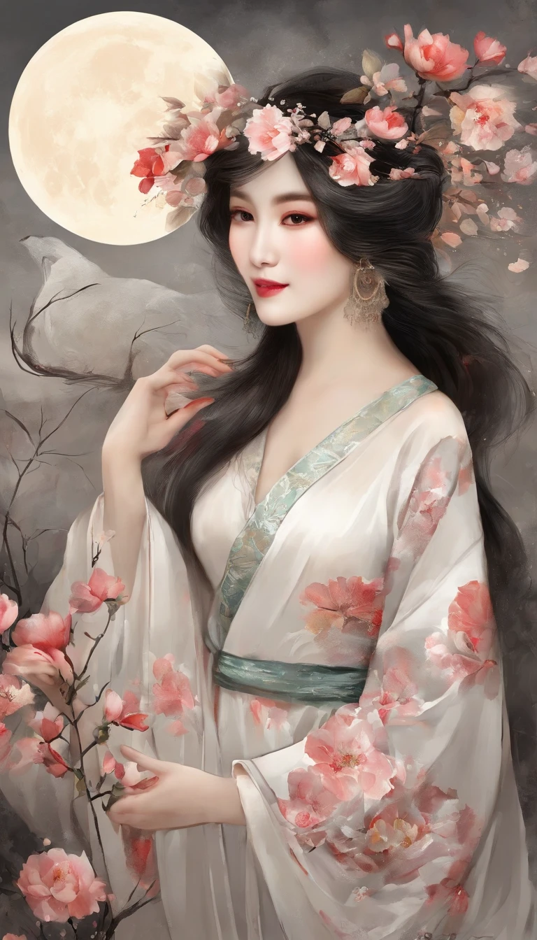Yun wants to wear clothes and flowers to look good,The spring breeze blows Revlon。if it were not for the jade mountain, I'll see you,Will meet Yaotai moon。A beautiful concubine in ancient China, Yang Yuhuan,Yang,elegant,A shallow shy smile,(Black colored eyes),holding peony flower,(Very detailed and perfect facial depiction),(Black coiled hair),(Half-body appearance),Silk fabric, (Long sleeves floating), It's dancing,Happiness is light,White kitten, (There is a bright full moon in the distant sky:1.2),(surrounded by flower:1.2), vivd colour, (Autumn tones:1.2),(Moonlit night visuals),(light and shadow effect),(vivd colour),(Color splattering),(Obvious layers),(Ink painting style:1.2),(Photography Award),(8k wallpaper),(Masterpiece),(best qualtiy),A picture,realisticlying