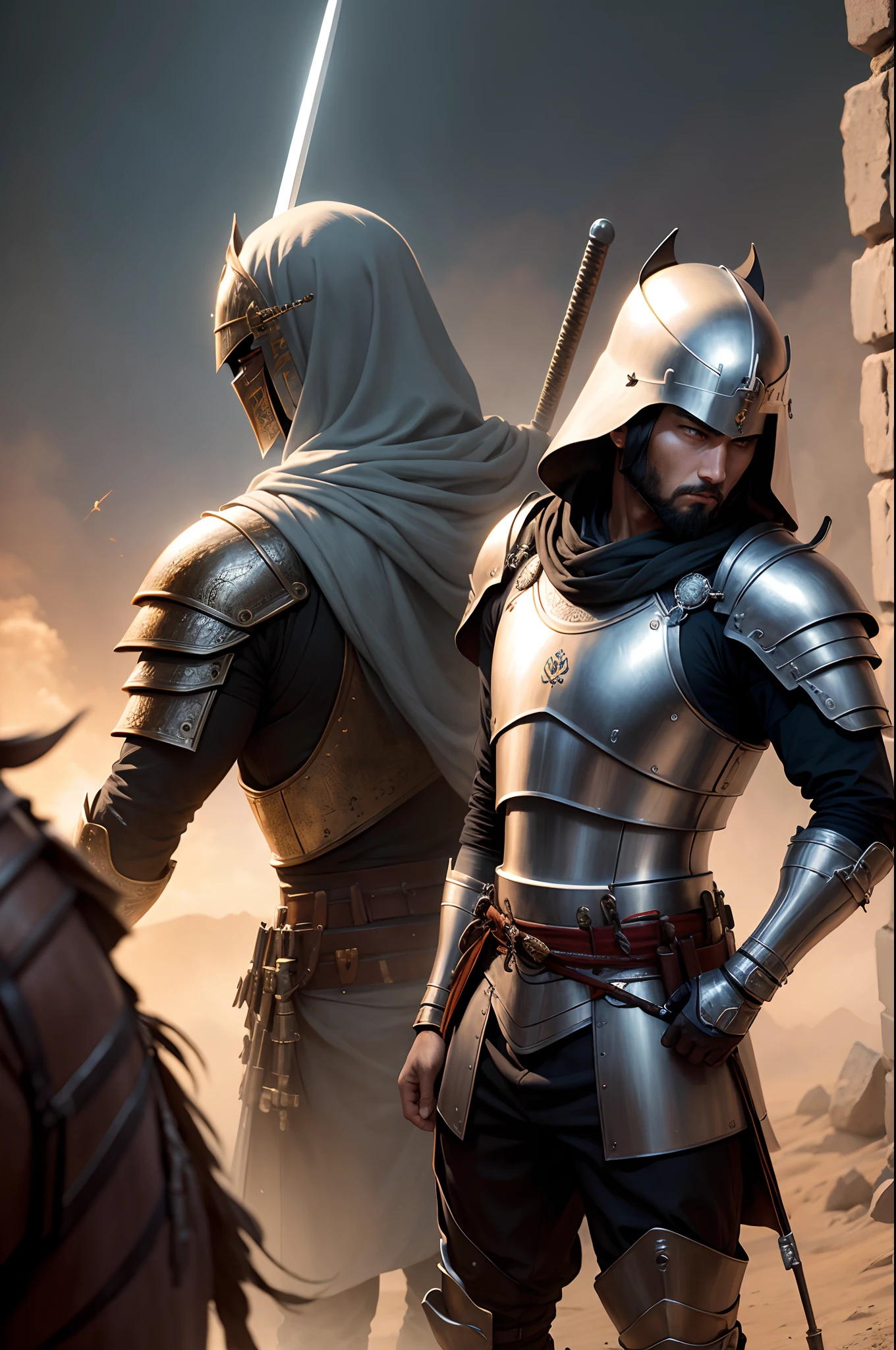 (Sci-fi fantasy), (Masterpiece), (professional oil painting) (best quality), (8k resolution), two men,, the first is Arabic knight, the second is Japanese Samurai, theSamurai, Arabian knight, Arabic knight vs Samurai, Arabic knight uniform, Samurai uniform, Arabic sword, Samurai sword, Arabic Sword vs Samurai Sword, focusing on sword, forcus on Arabic knight and Samurai, both appeared in photo
