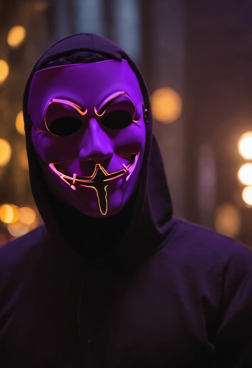 hacker vestindo um terno roxo com um sobretudo preto por cima, with a neon halloween mask with the letter M, fundo cor solida, rosto masculino