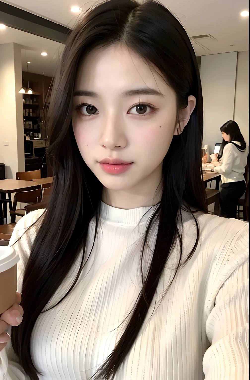((8K:1.27)、top-quality、masterpiece、超A high resolution:1.2)photo beautiful Japanese woman(pleasing:1.1) (White knitwear:1.21) Design by Gregg Lutkowski and Alphonse Mucha Intricate Elegance、Fantasia、the detail、Geometry、Gradient lighting、1girl in、Delicate skin、looking at the viewers、Brown-eyed、(long black hair :1.2)、(breasts are medium:1.0)、(medium areola:0.8)、(realisitic:1.4)、(top-quality:1.0)、(超A high resolution:1.0)、8K、Raw photography、(masterpiece:0.2)、(pureerosface_v1:0.5)、 cafes、drinking a cup of coffee、Starbucks、busy Starbucks. Cafe mood