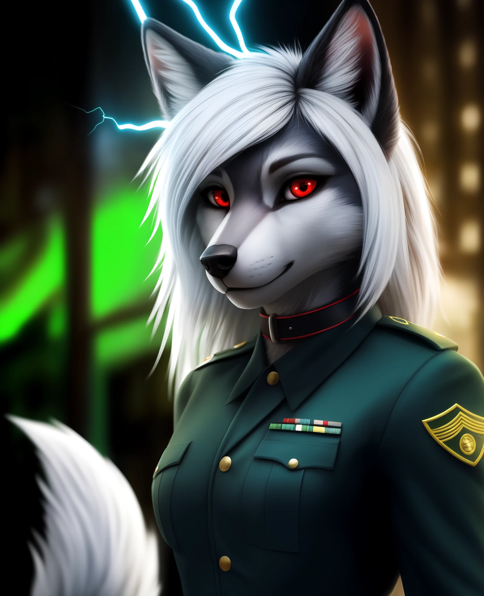 (masterpiece, best quality),altair, furry, furry female, 1girl, red eyes, animal_ears, canid, wolf, green choker, sketch, detailed fur skin, black military dress, sharp focus, fluffy, urban background,, uniform, dual tone fur, HDR, NSFW, black animal nose , ull body solo, tail, white hair, wolf_ears , 8k, (ultra realistic photograph, RAW photograph, anthro furry:1.3), furry, furry female, 1girl, red eyes, animal_ears, electricity, glowing, green_background, hair_over_one_eye, looking_at_viewer,