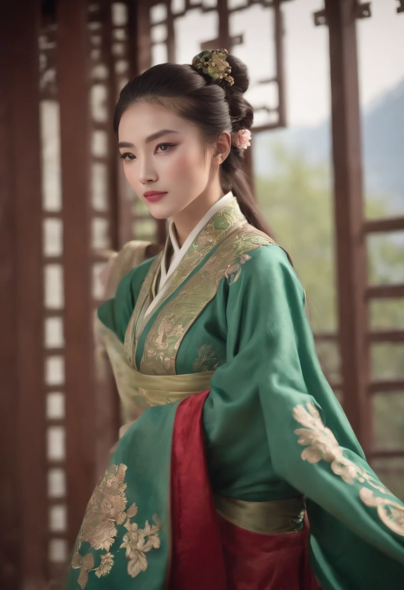 ((corps entier)), samdoesarts style award winning full body portrait of a beautiful woman, ((perfect female face)),((Old Chinese green clothes)), ((Green Beijing opera costumes)), (manches longues) Gloriette, complexe, (beautiful detail eyes, elongated eyebrows),((Pointes, cheveux tordus)),(Tristesse), ((larmes)), (sun light), shaded flat illustration, digital art, Tendances sur ArtStation, highly detailed, fine detail, complexe, Art par Artgerm et Rutkowski et Alphonse Mucha,