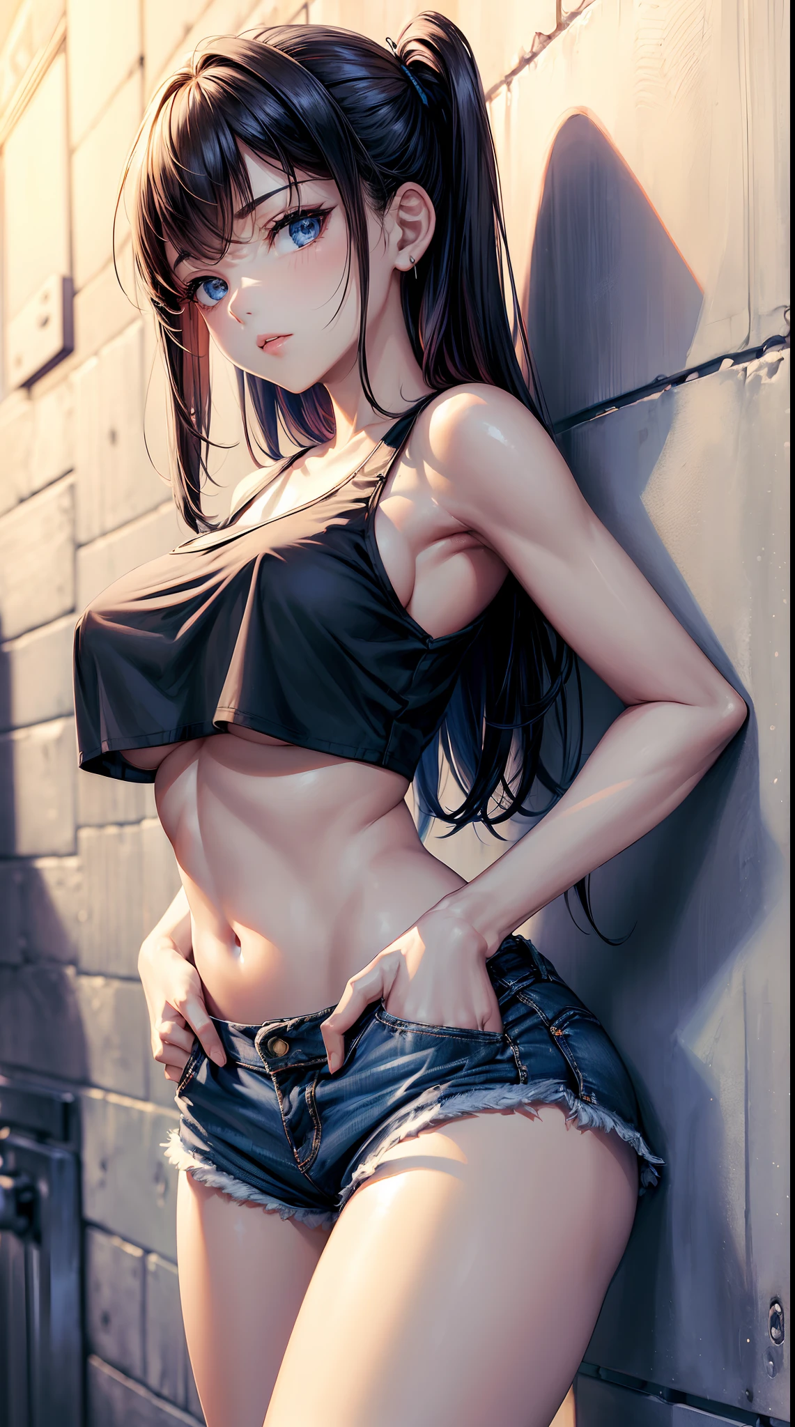 (masterpiece), best quality, expressive eyes, perfect face, beautiful girl leaning back against wall in bedroom,((medium sized boobs)), ((blue mini shorts)), ((black crop top)), attempt to seduce viewer, tempted to touch, seductive look, half body shot, ((hands in pockets))