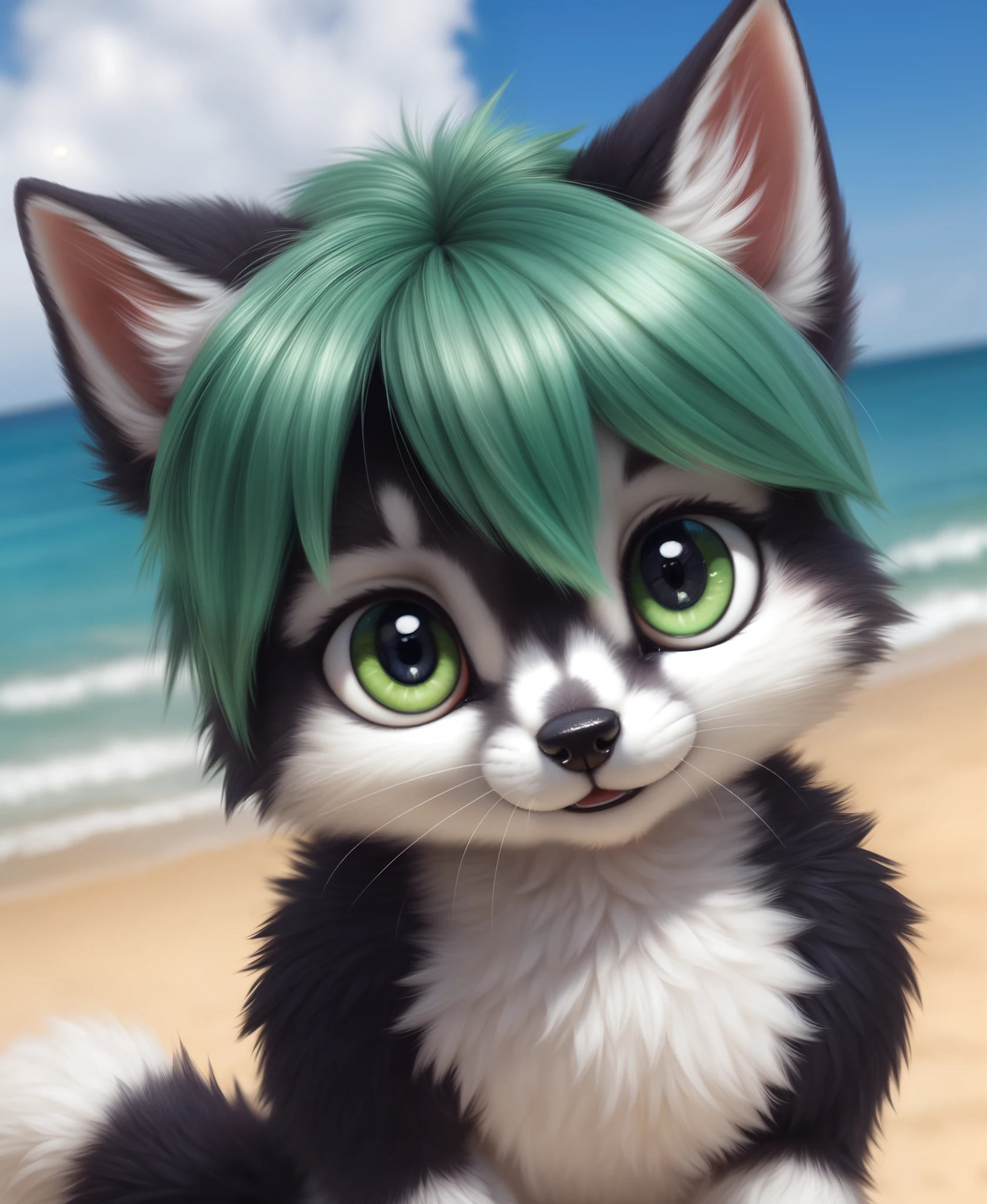 Husky, green hair, [green eyes], glistening eyes, happy, smile, fluffy, looking at viewer, female, beach scene, (white sclera), big pupils, BREAK, uploaded on e621, (by silverfox5213:1.2), (high detail, film photography, soft focus, RAW candid cinema, photorealism, realistic, photorealistic, analog style, subsurface scattering, masterpiece, best quality, ultra realistic, 8k),,