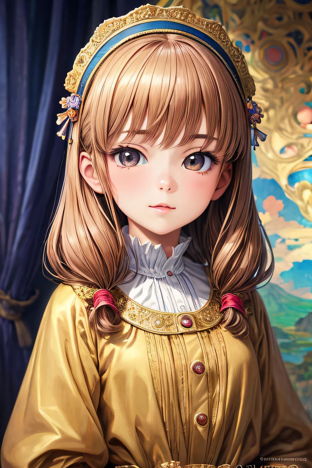 (anime:1.2), (masterpiece, best quality, ultra detailed:1.3), (1girl:1.2)
, (young girl, child-like face, ), lustrous skin
, Krenz Kchart, (Botticelli, Rembrandt, Rubens:0.9), (Vermeer, Monet:0.8)
, (Mucha background),