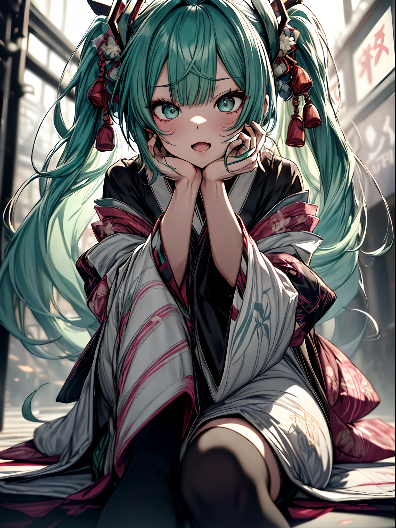 holding the mic、Japanese dress、Kimono Dresses、long、miku hatsune、Green hair、Twin-tailed、Ahegao ( Silly / Sexual ecstasy)、Cross-eyed、Stranger、View other people、Blunt bangs、Sitting,hand between legs,  over-kneehighs,Ahegao , Silly,Sexual ecstasy,Drunken eyes,Blunt bangs, Green hair,(masutepiece:1.2, Best Quality), (finely detailed beautiful eye: 1.2), (Detailed background,Dark Fantasy), (beautifull detailed face), High contrast, (Best Illumination, extremely delicate and beautiful), ((Cinematic Light)), Colorful, Hyper Detail, Dramatic light, Intricate details,