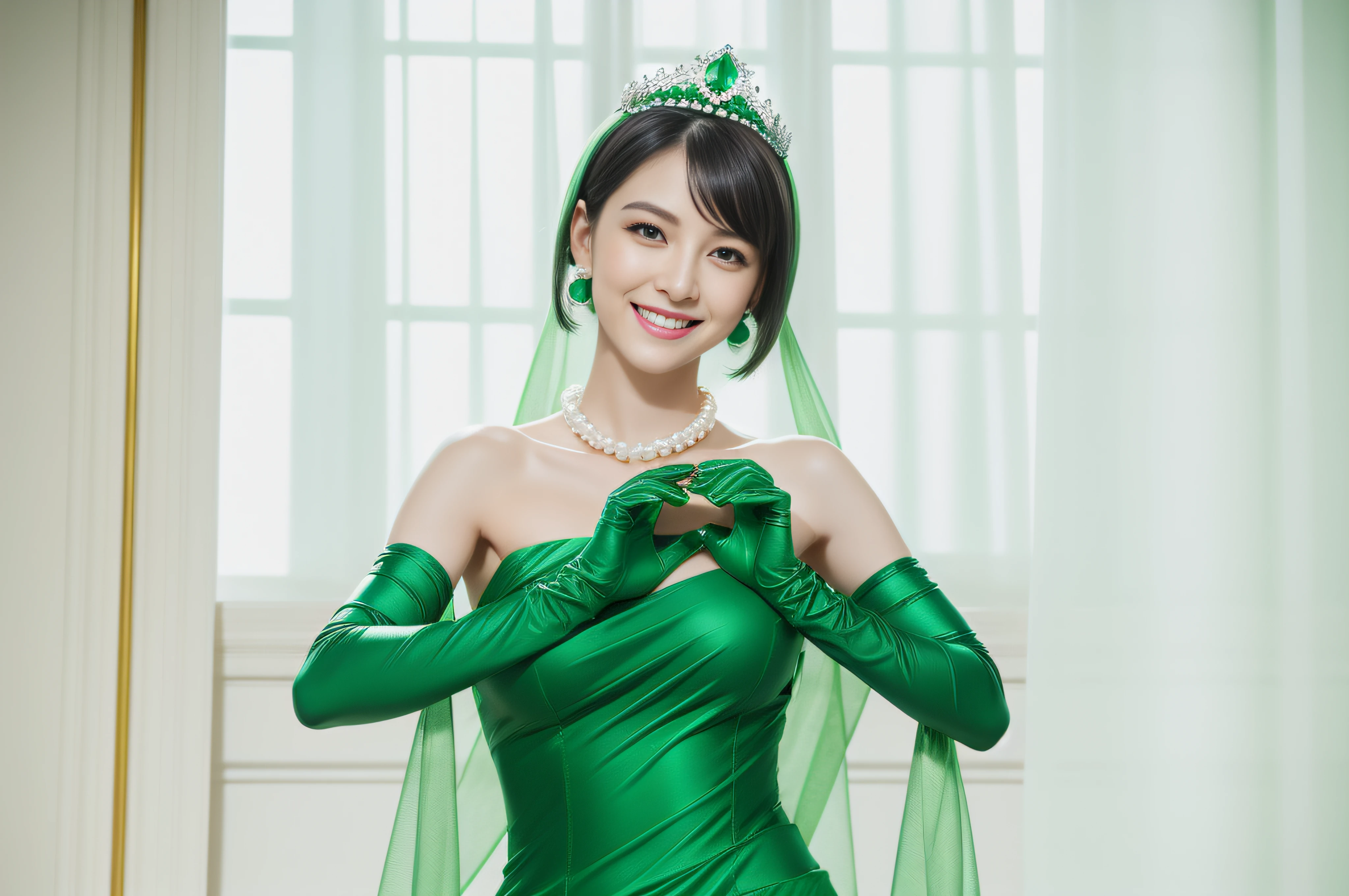 emerald tiara, Green Pearl Necklace, Boyish very short black hair, lipsticks, Japan woman smiling, very short short hair, big breasts beautiful, Green eyes, Long green gloves made of satin material, Green eyes, Emerald Earrings, Green dress