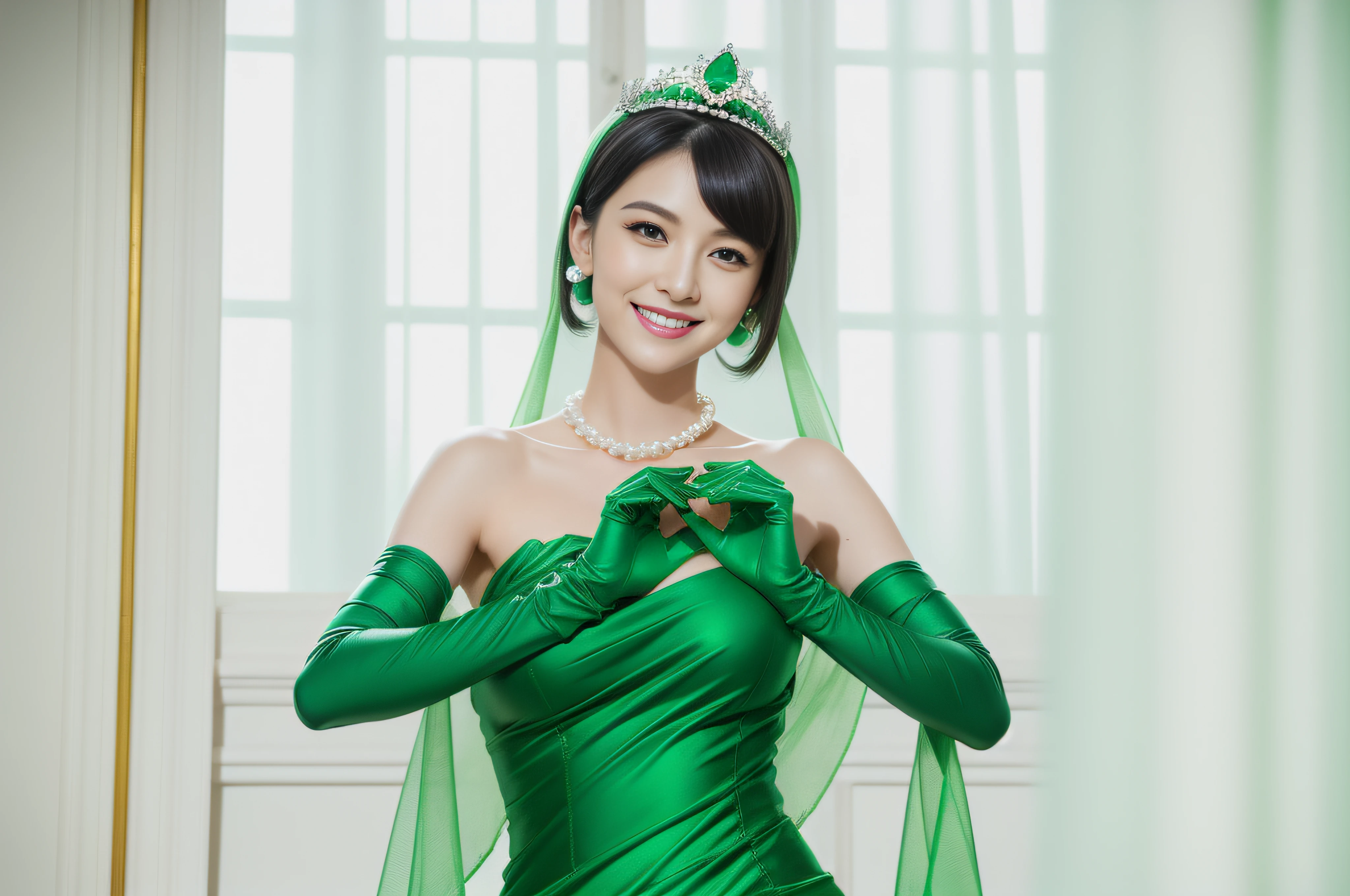 emerald tiara, Green Pearl Necklace, Boyish very short black hair, lipsticks, Japan woman smiling, very short short hair, big breasts beautiful, Green eyes, Long green gloves made of satin material, Green eyes, Emerald Earrings, Green dress
