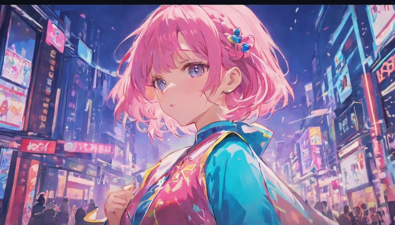 anime girl with pink hair and blue dress standing in front of a neon sign, anime style 4 k, digital anime illustration, detailed digital anime art, anime styled digital art, anime style. 8k, digital anime art, anime style illustration, seductive anime girl, anime moe artstyle, artwork in the style of guweiz, retro anime girl, anime artstyle