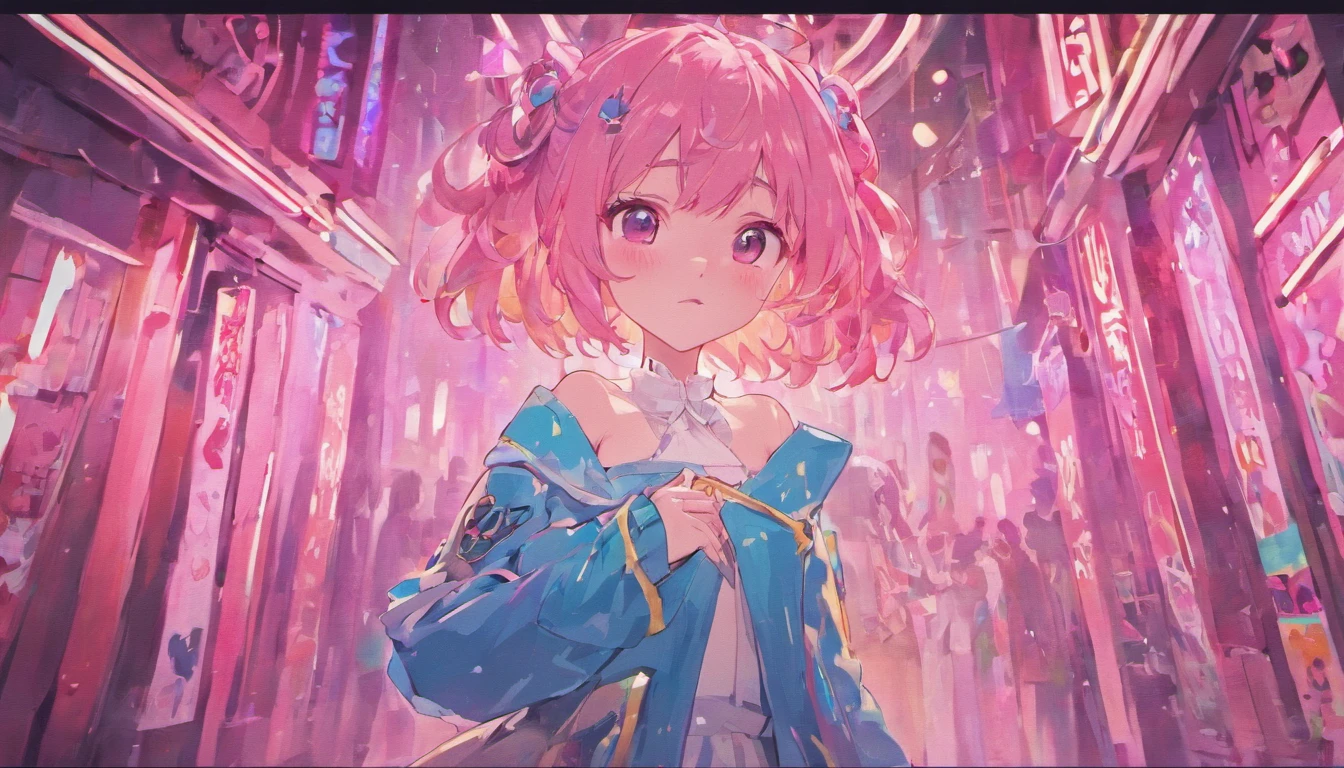 anime girl with pink hair and blue dress standing in front of a neon sign, anime style 4 k, digital anime illustration, detailed digital anime art, anime styled digital art, anime style. 8k, digital anime art, anime style illustration, seductive anime girl, anime moe artstyle, artwork in the style of guweiz, retro anime girl, anime artstyle