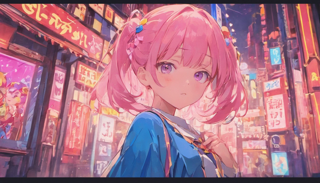anime girl with pink hair and blue dress standing in front of a neon sign, anime style 4 k, digital anime illustration, detailed digital anime art, anime styled digital art, anime style. 8k, digital anime art, anime style illustration, seductive anime girl, anime moe artstyle, artwork in the style of guweiz, retro anime girl, anime artstyle