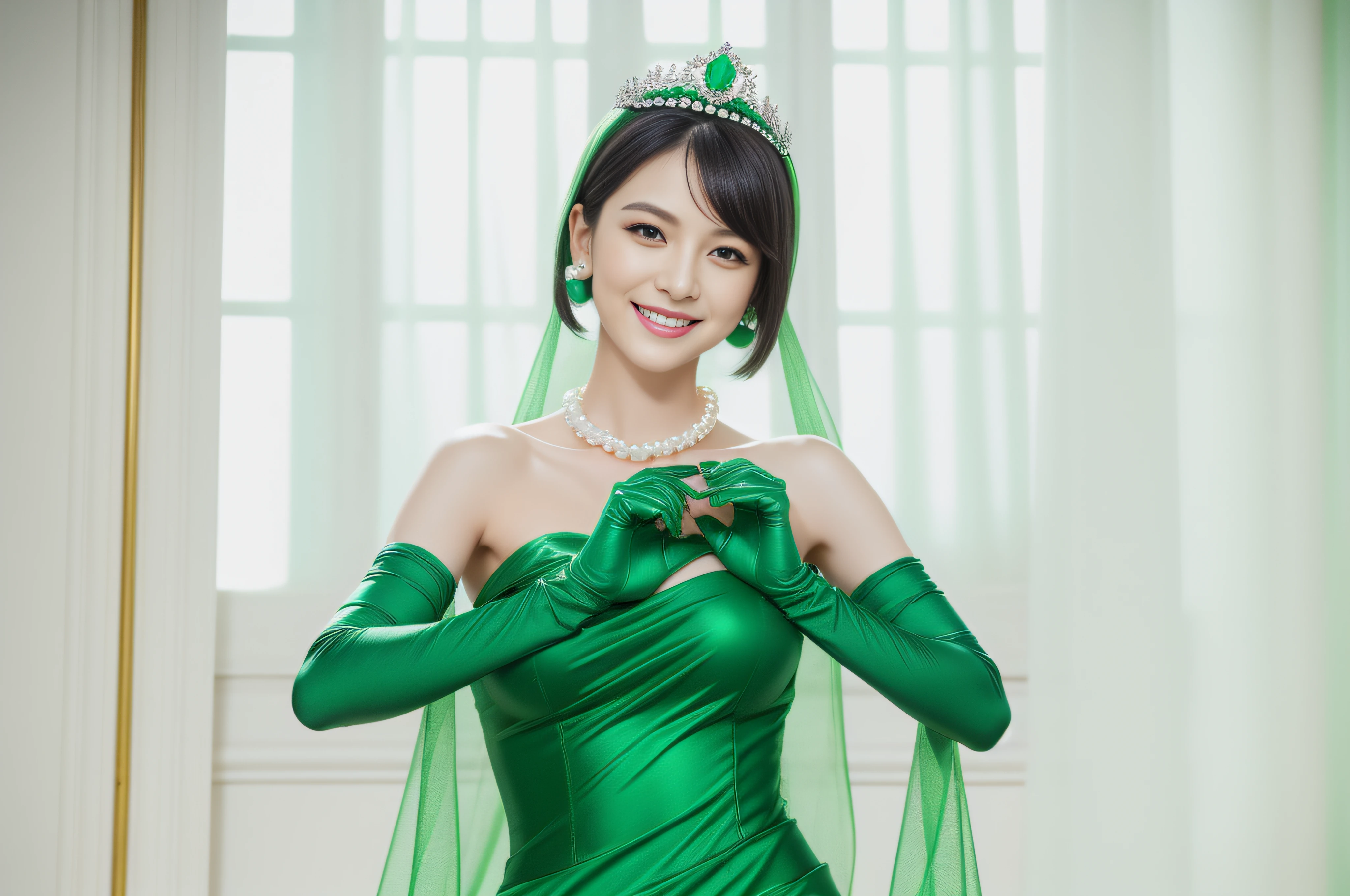 emerald tiara, Green Pearl Necklace, Boyish very short black hair, lipsticks, Japan woman smiling, very short short hair, big breasts beautiful, Green eyes, Long green gloves made of satin material, Green eyes, Emerald Earrings, Green dress