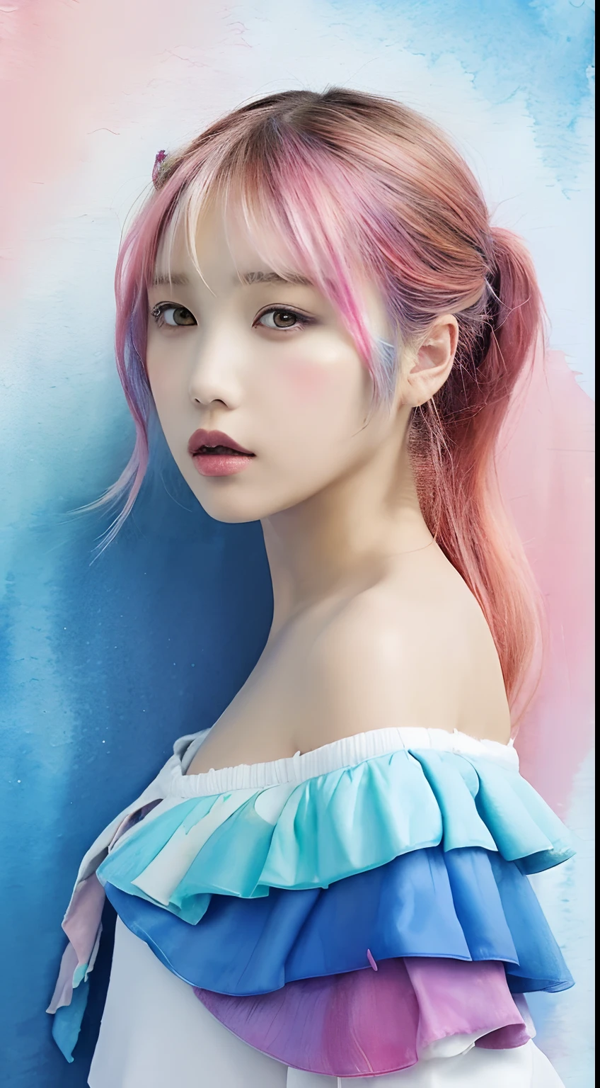 (masterpiece, top quality, best quality,watercolor (medium),official art, beautiful and aesthetic:1.2),(1girl:1.3), (fractal art:1.3),upper body, from side, looking at viewer,patterns,(rainbow color Hair,colorful hair,half blue and half pink hair:1.2),water,liquid, cloud,colorful, starry,stars,