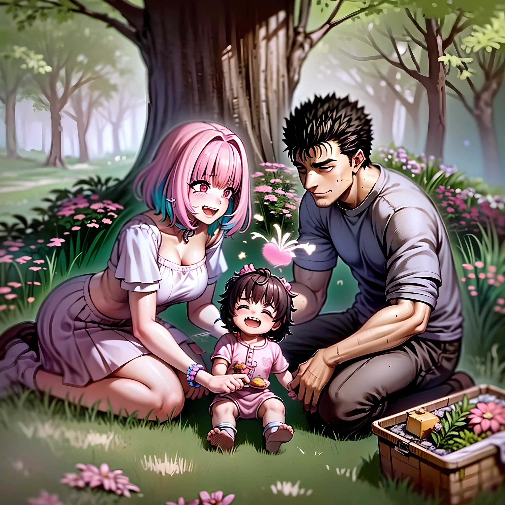(a happy family in a picnic garden),(riamu as a motherly figure),(riamu and her husband spending quality time),(a couple enjoying the outdoors),(riamu's children playing and having fun),(guts as a loving and caring father),(a loving husband and wife),(riamu and her son sharing a joyful bond),(a happy and harmonious family),(the joyful laughter of children),(the warmth of family bonds),(a picturesque garden scene),(the vibrant colors of nature),(the soft sunlight filtering through the trees),(a peaceful and serene atmosphere),(guts and riamu surrounded by blooming flowers),(the scent of freshly cut grass),(a delicious picnic spread with a variety of food),(the sound of birds chirping),(the feeling of grass beneath their feet),(the love and happiness radiating from the family),(a moment of pure joy and togetherness),(a snapshot of a perfect family outing),(a memory to be cherished forever)