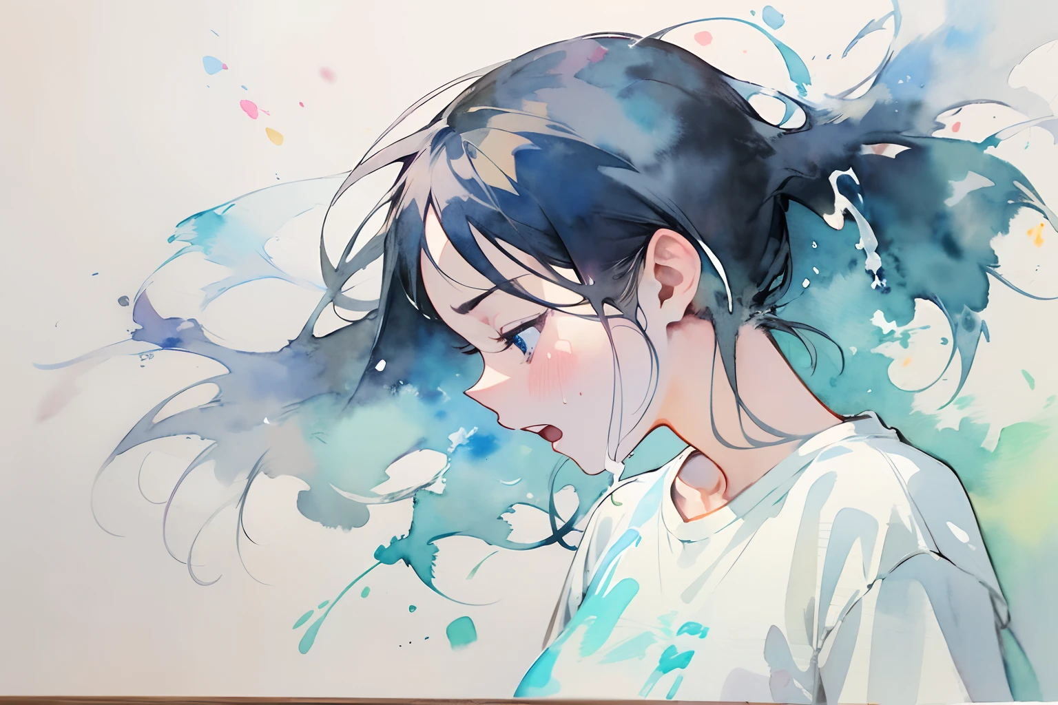 ((masutepiece)), (Professional Photography:1.2), (High Definition:1.3), Best Quality, (watercolor painting:1.3), from side, wide shot, ((face in profile)), black hair, silky long hair, teenage japanese cute girl, (very sad face), open mouth, white T-Shirts, (simple white background:1.10), pale blue fine ink splashing