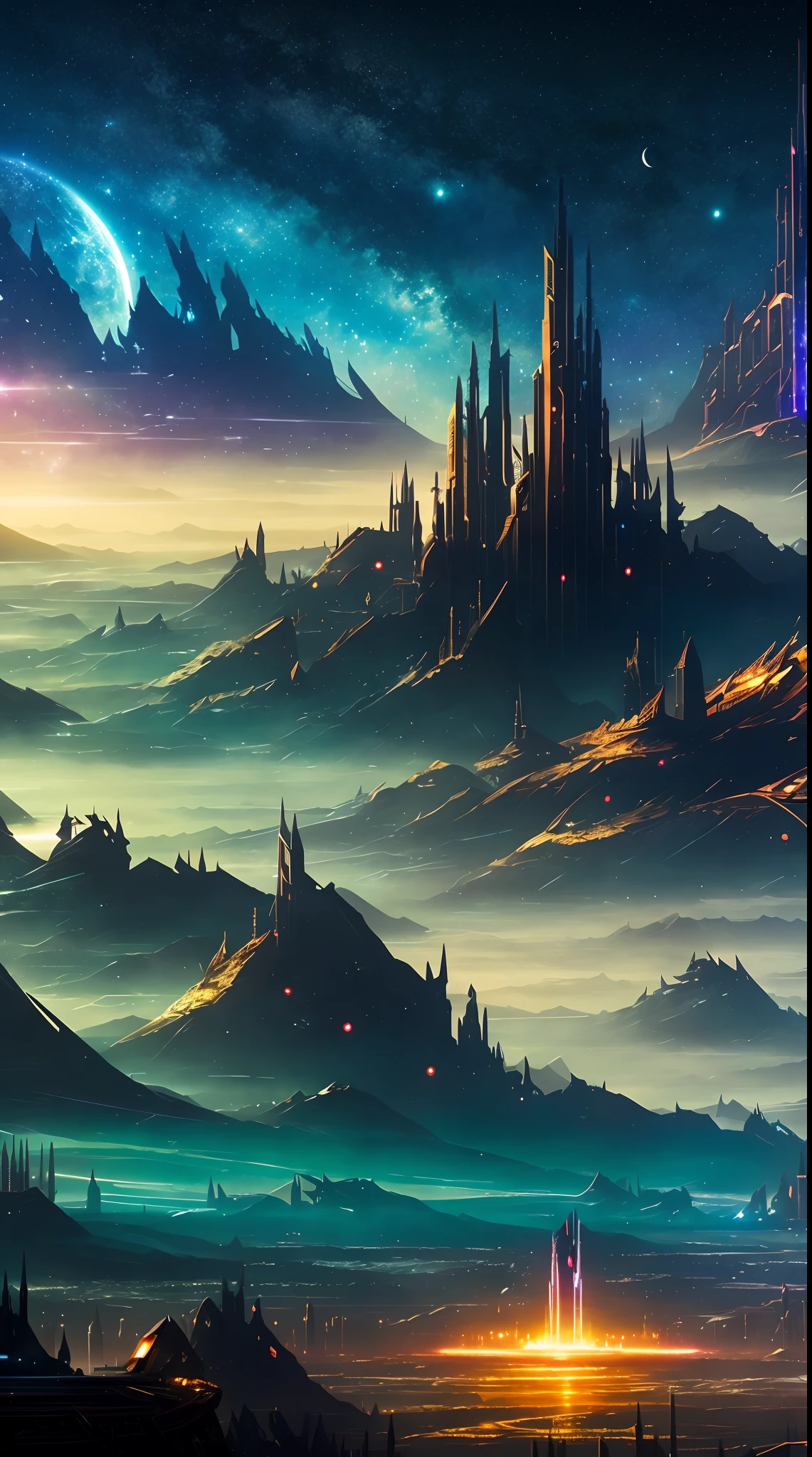 Starry sky and distant fantasy cities and planets with towers, epic fantasy sci fi illustration, fantasy planet, Arstation y Beeple altamente, fantasy space, Fantasy Science Fiction, epic scifi fantasy art, epic dreamlike fantasy landscape, Ethereal city illuminated by the stars at sunset, impressive fantasy landscape, sci-fi fantasy wallpaper, epic beautiful space scifi, Fantasy Science Fiction - Fantasy