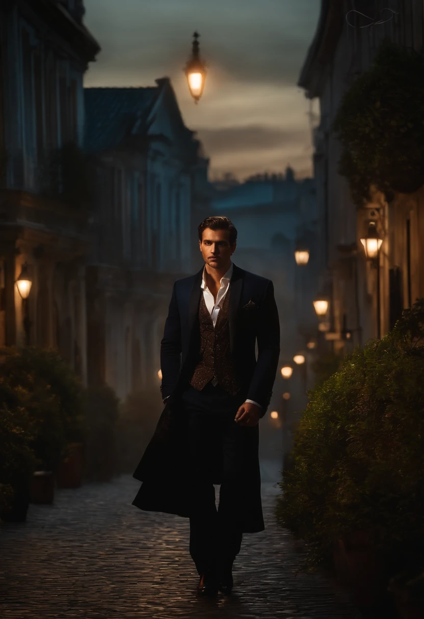 (best quality,4k,8k,Altas,master part:1.2),ultra-detalhado,(Realistic,fotorrealista,photo-realistic:1.37),Homem vampiro com um cavanhaque bonito e pontiagudo, com um cabelo curto bem cuidado e bem cortado estilo militar, vestindo um terno preto elegante, caminhando durante uma noite de luar cheio na cidade,illustration,Retratos,foco nítido,detailed facial features,olhos penetrantes,Stylish appearance,postura confiante,Paisagem urbana iluminada pela lua,Breathtaking surroundings,Sparkling cobblestone streets,Tall old buildings with Gothic architecture,luzes cintilantes da cidade,sombras intrincadas projetadas pelo luar,Assombrously atmospheric,Ambiente escuro e misterioso,cores vivas com contrastes ricos,tons de cor azul estranhos,luar iluminando o rosto do vampiro,Casting dramatic shadows,toques sutis de detalhes vermelhos na gola do terno,sutis fios de neblina flutuando no ar,criando uma atmosfera surreal e sobrenatural.
