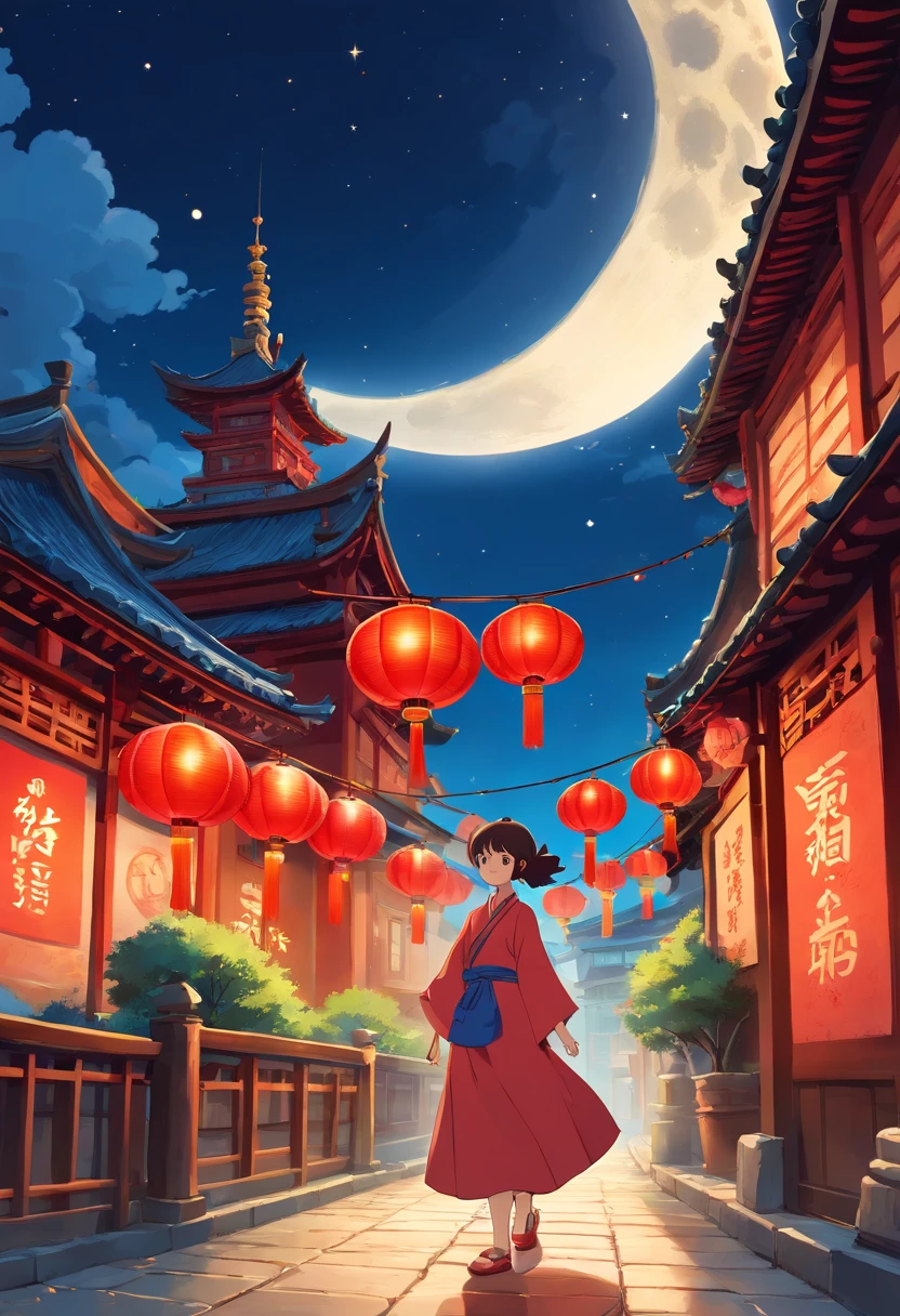 Mid-Autumn Festival,Moon cake, Auspicious clouds, Red lanterns, Exquisite ancient Chinese architecture, In the background is a huge moon, With vector line illustration, amarelo、Red and dark blue tones, Abstract picture, surrealism, Clear background trends, clear contour light, Edge light, fantasy, Dappled light, Flat illustration,Disney style, 8K, --AR 9:16 --q 2 --niji 5