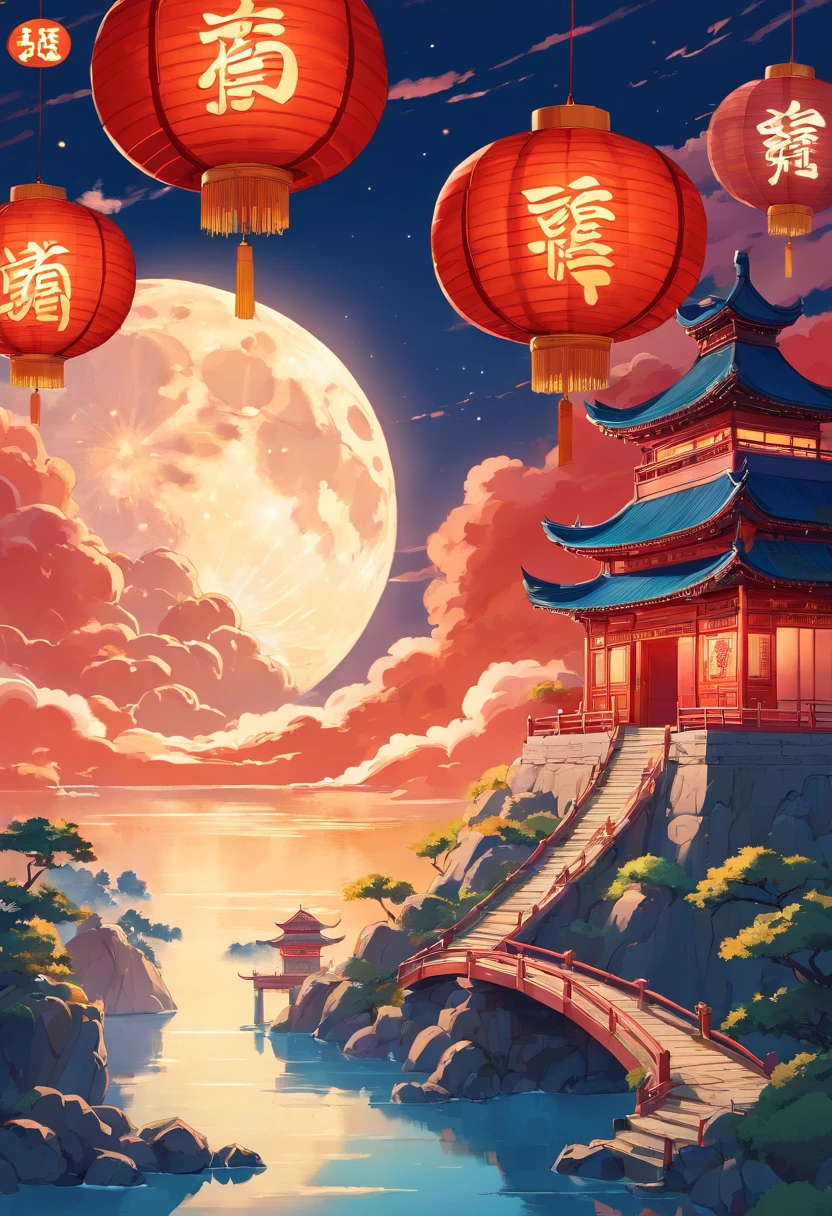 Mid-Autumn Festival,Moon cake, Auspicious clouds, Red lanterns, Exquisite ancient Chinese architecture, In the background is a huge moon, With vector line illustration, amarelo、Red and dark blue tones, Abstract picture, surrealism, Clear background trends, clear contour light, Edge light, fantasy, Dappled light, Flat illustration,Disney style, 8K, --AR 9:16 --q 2 --niji 5